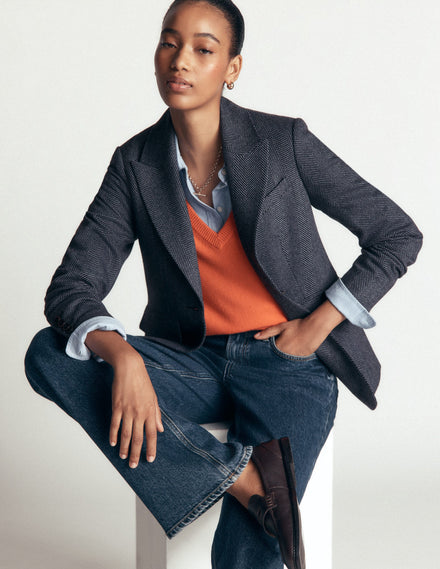 Stamford Wool Blazer-Blue and Navy Herringbone