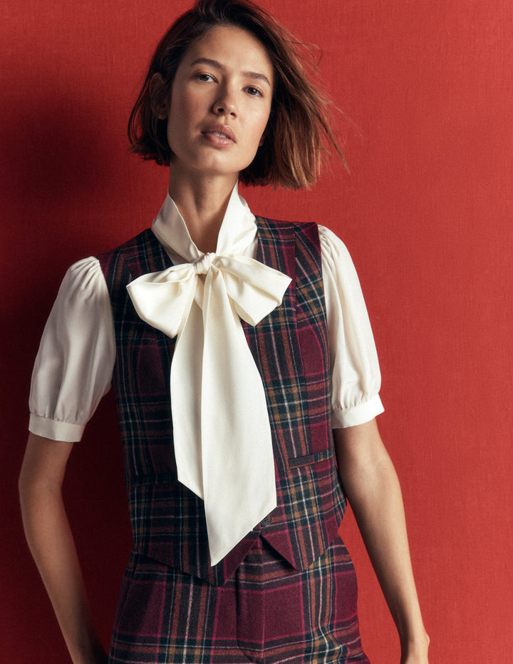 V Neck Wool Blend Waistcoat-Maroon and Olive Check