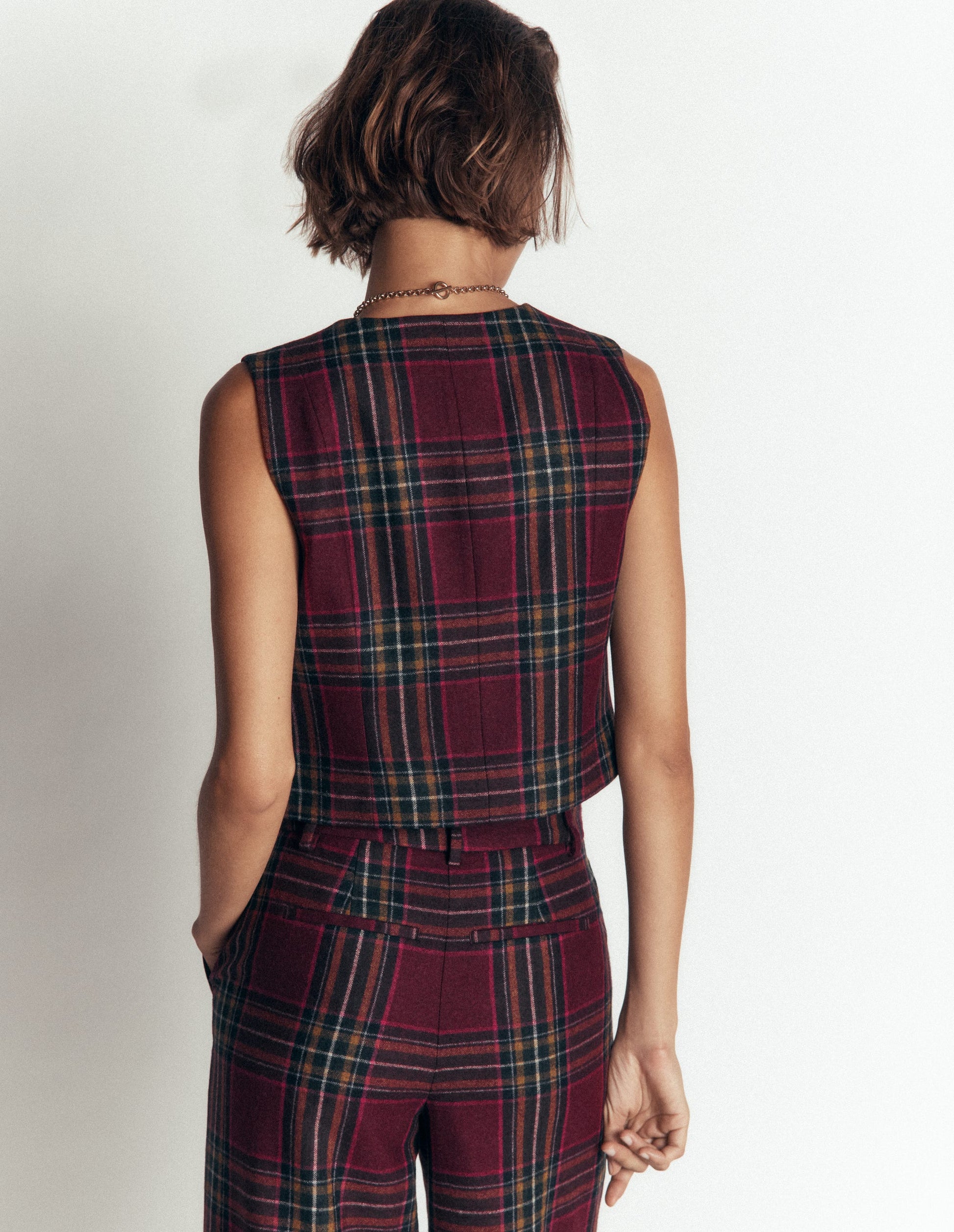V Neck Wool Blend Waistcoat-Maroon and Olive Check-3