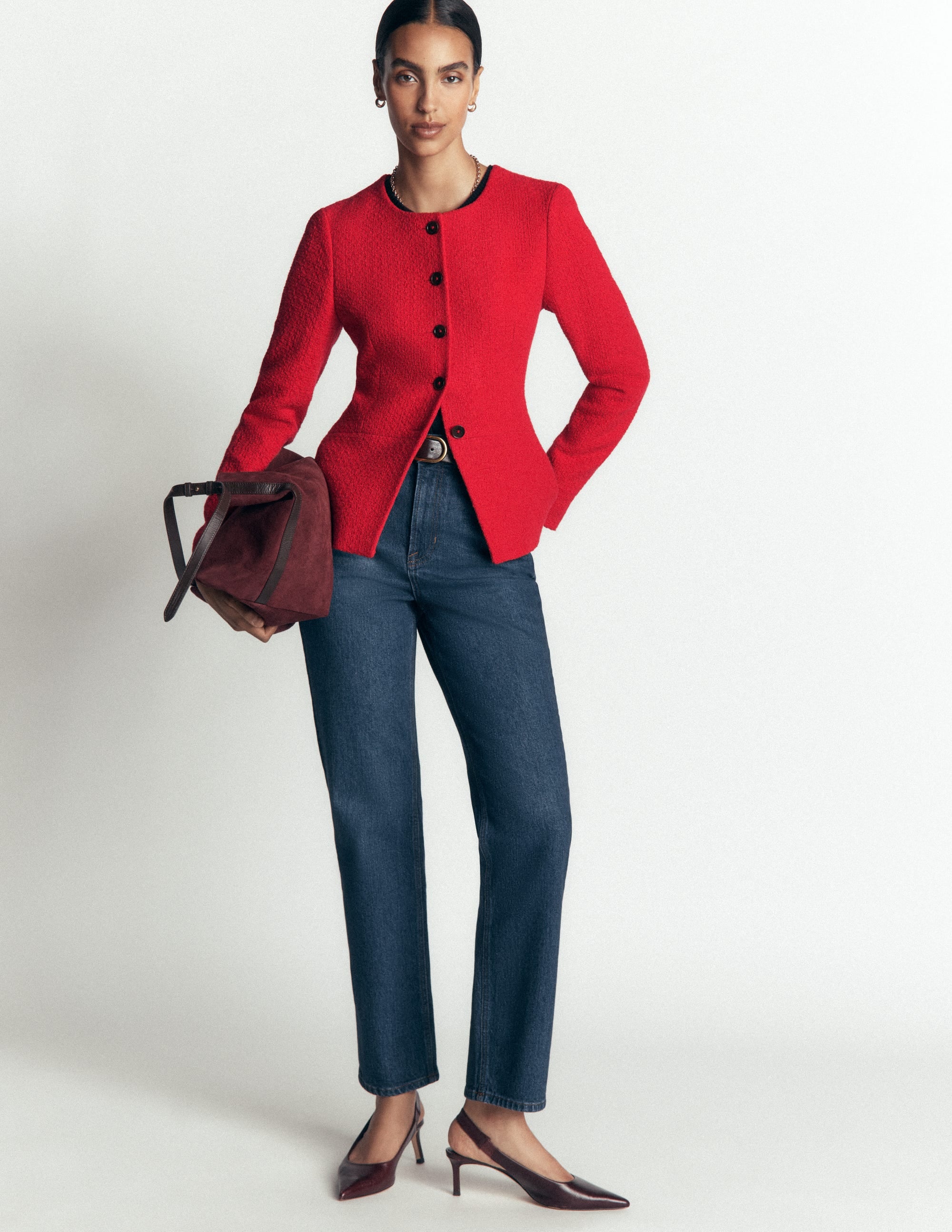 Collarless Tailored Blazer-Poppy Red - Image 5