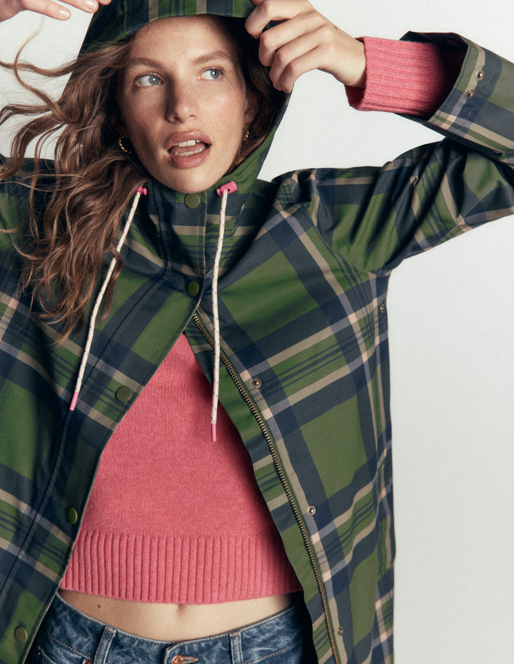Longline Raincoat-Olive, Navy and Red Check