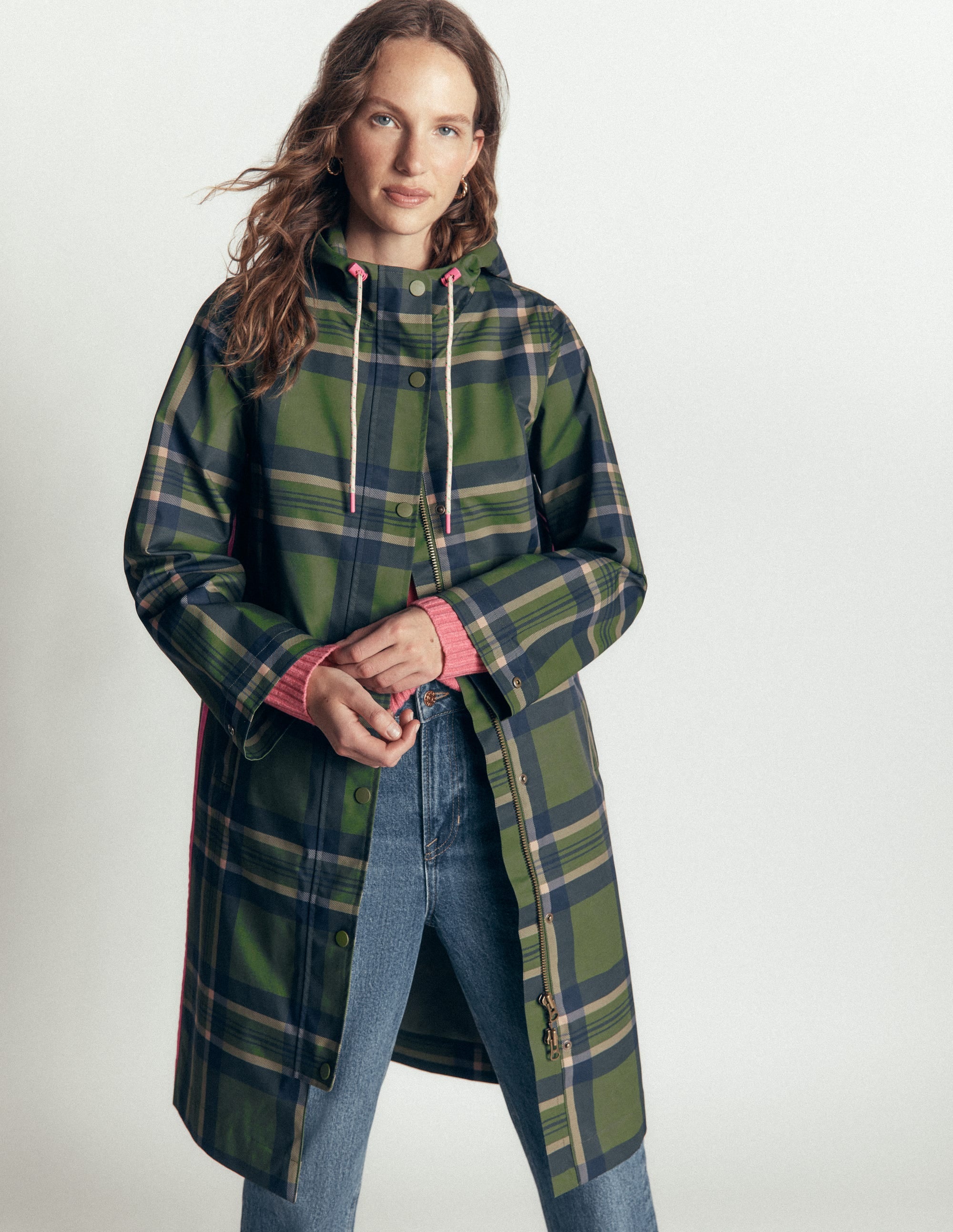 Longline Raincoat-Olive, Navy and Red Check - Image 5