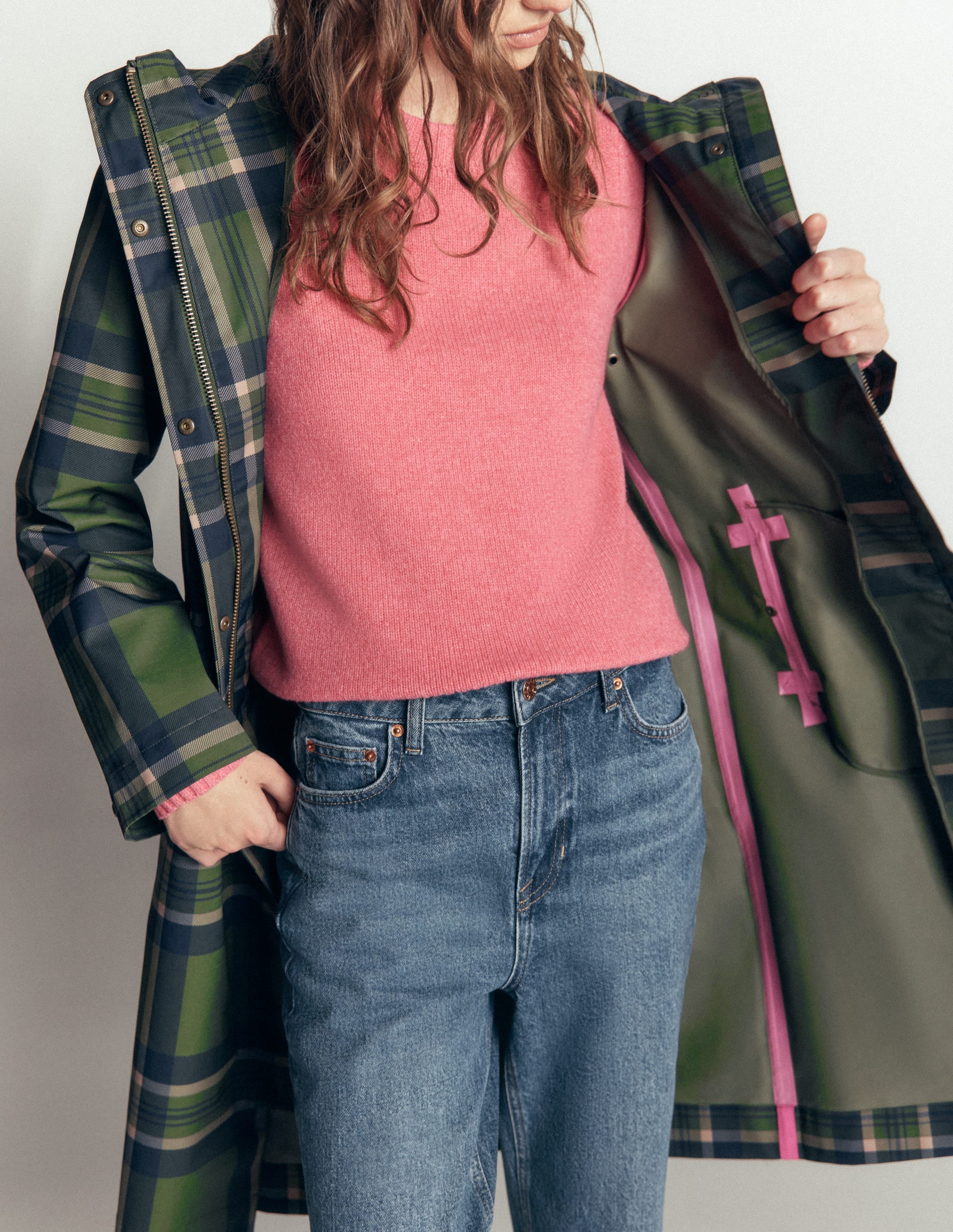 Longline Raincoat-Olive, Navy and Red Check - Image 6