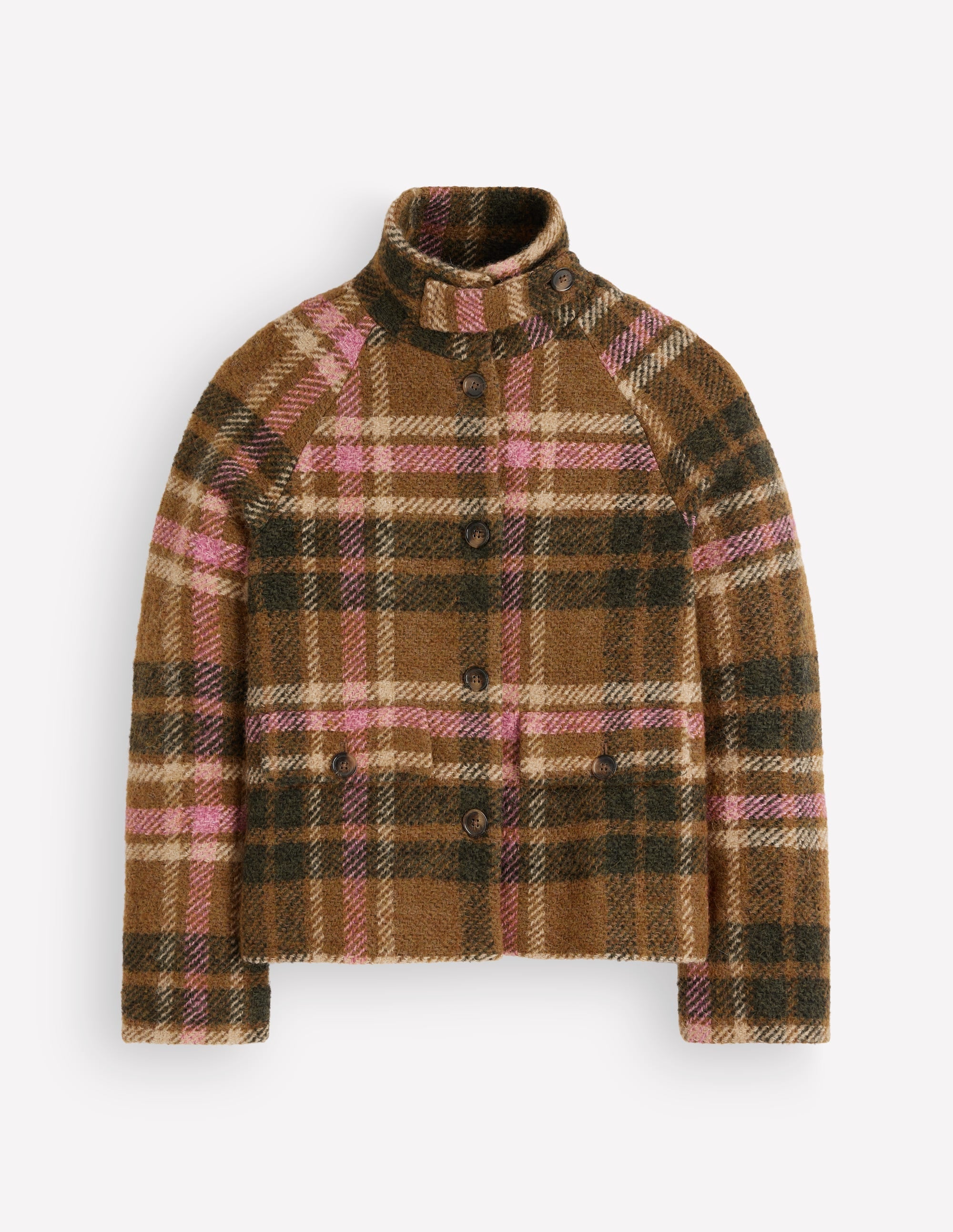 Short Funnel Neck Wool Coat-Green and Pink Check - Image 8