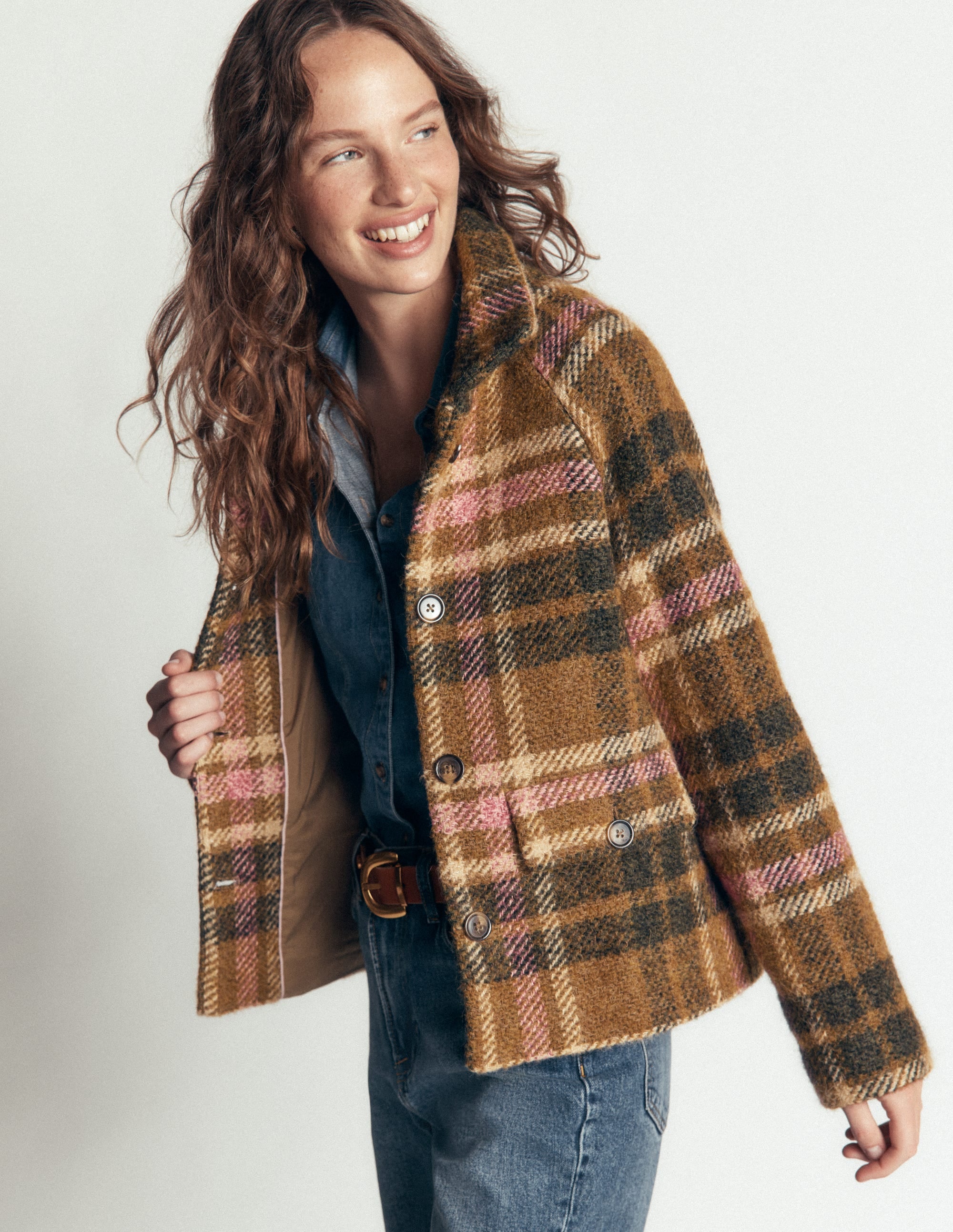Short Funnel Neck Wool Coat-Green and Pink Check - Image 2
