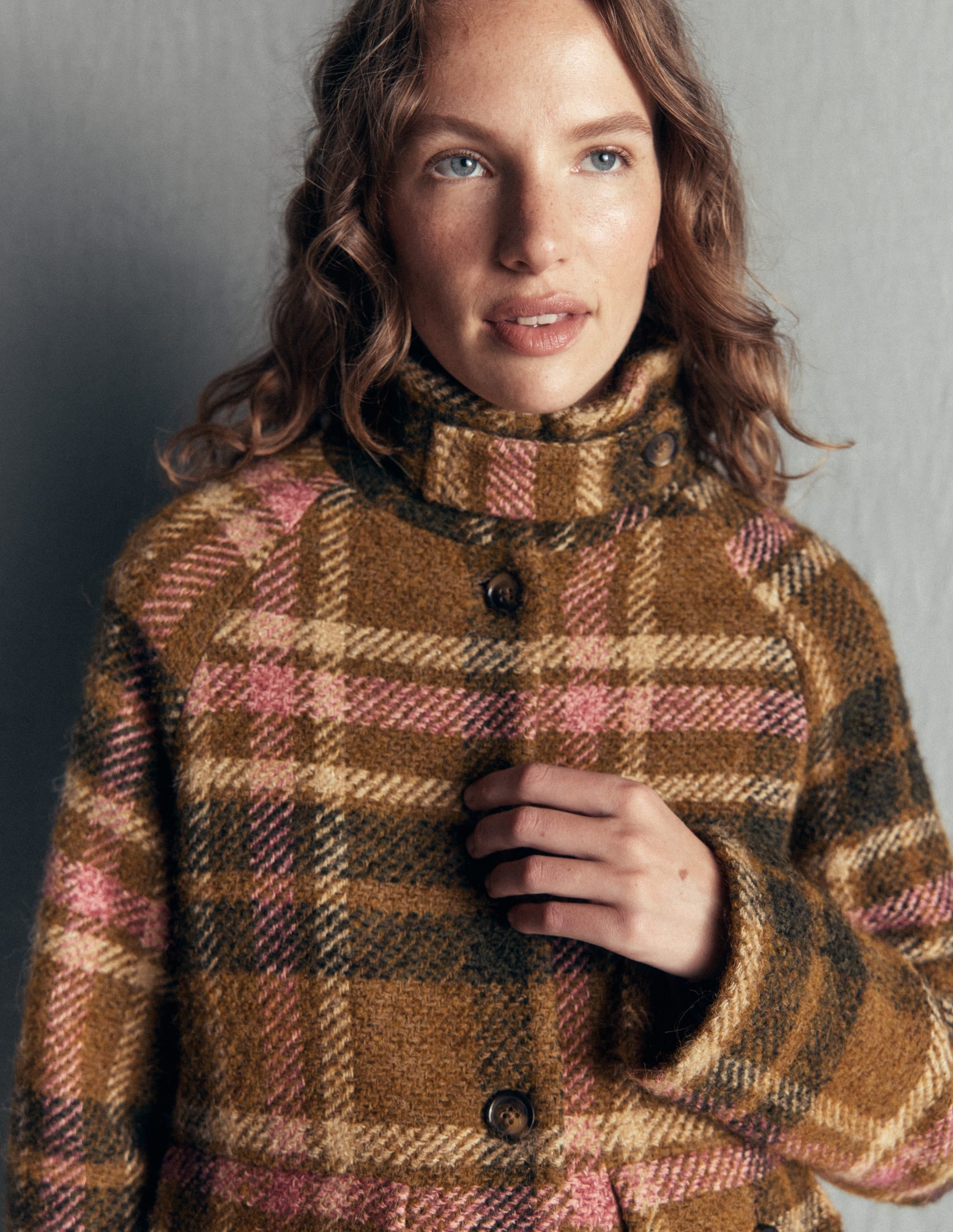 Short Funnel Neck Wool Coat-Green and Pink Check - Image 3