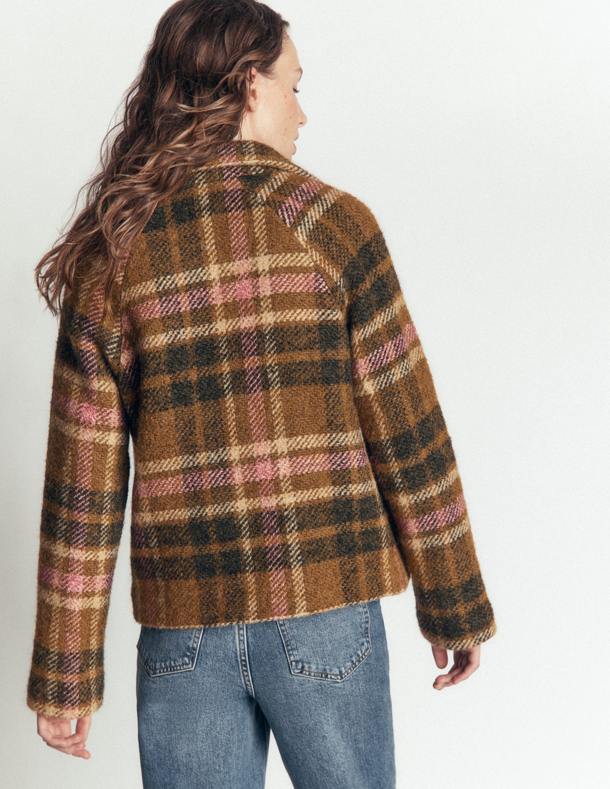 Short Funnel Neck Wool Coat-Green and Pink Check-4