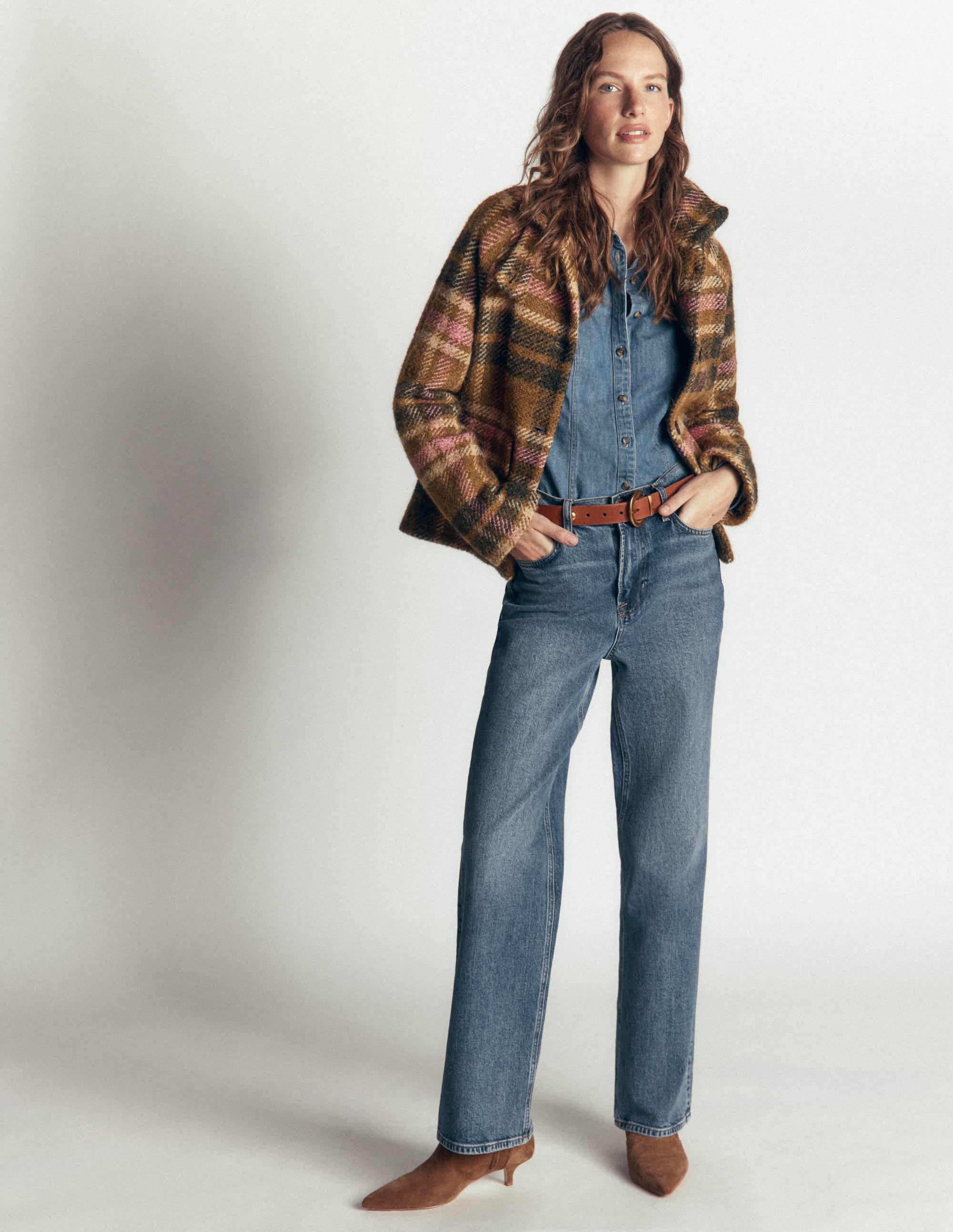 Short Funnel Neck Wool Coat-Green and Pink Check - Image 5