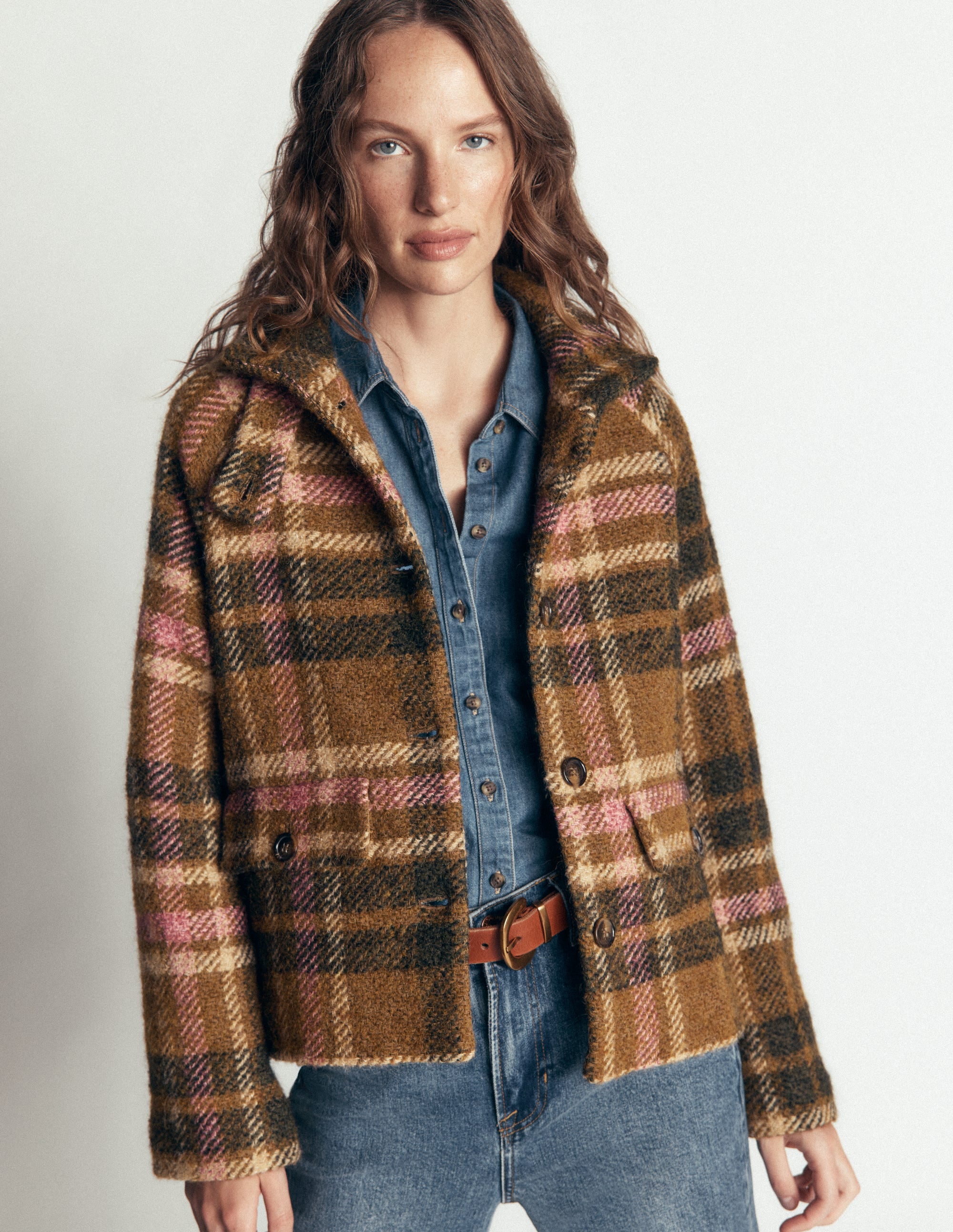 Short Funnel Neck Wool Coat-Green and Pink Check - Image 6