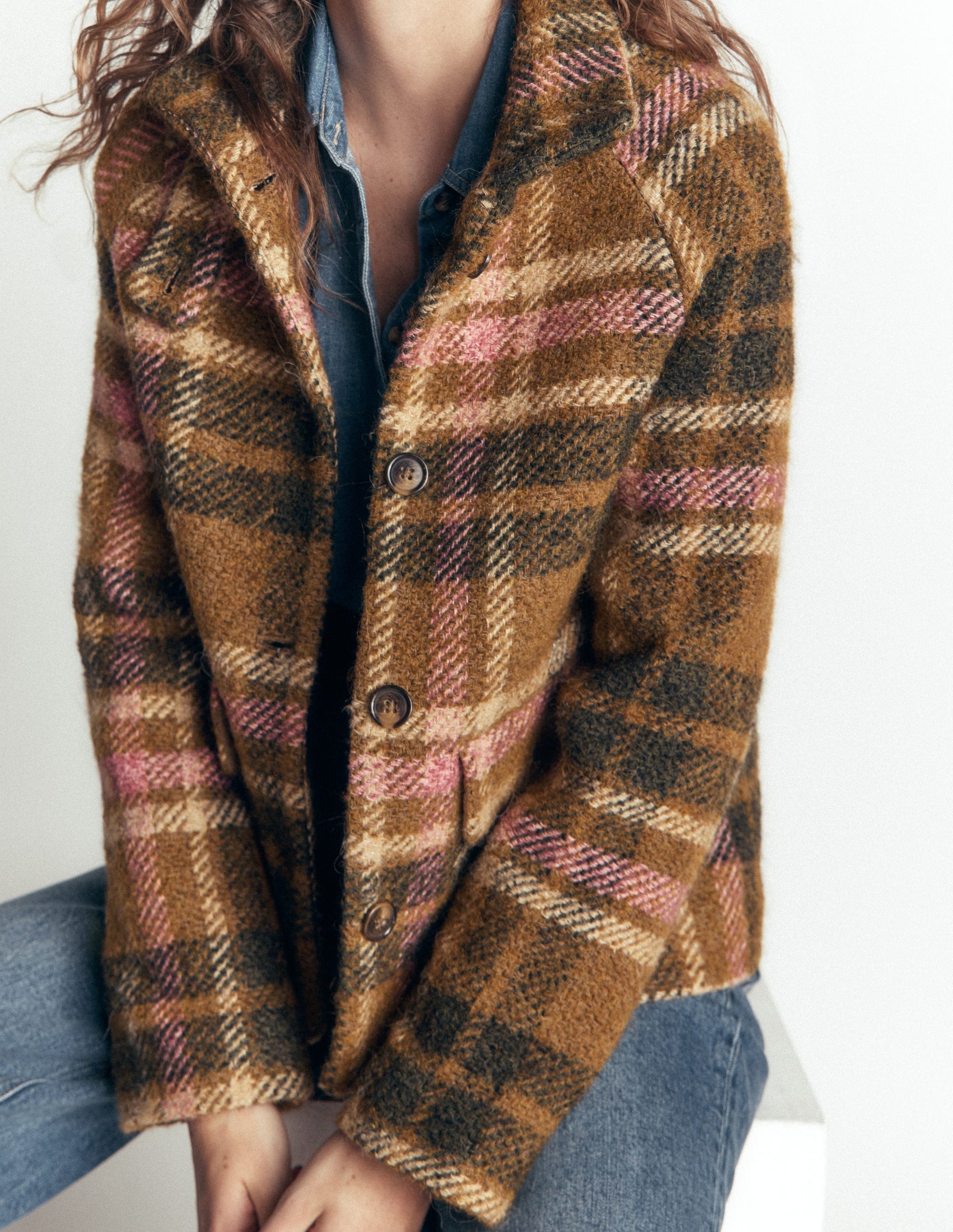 Short Funnel Neck Wool Coat-Green and Pink Check-7