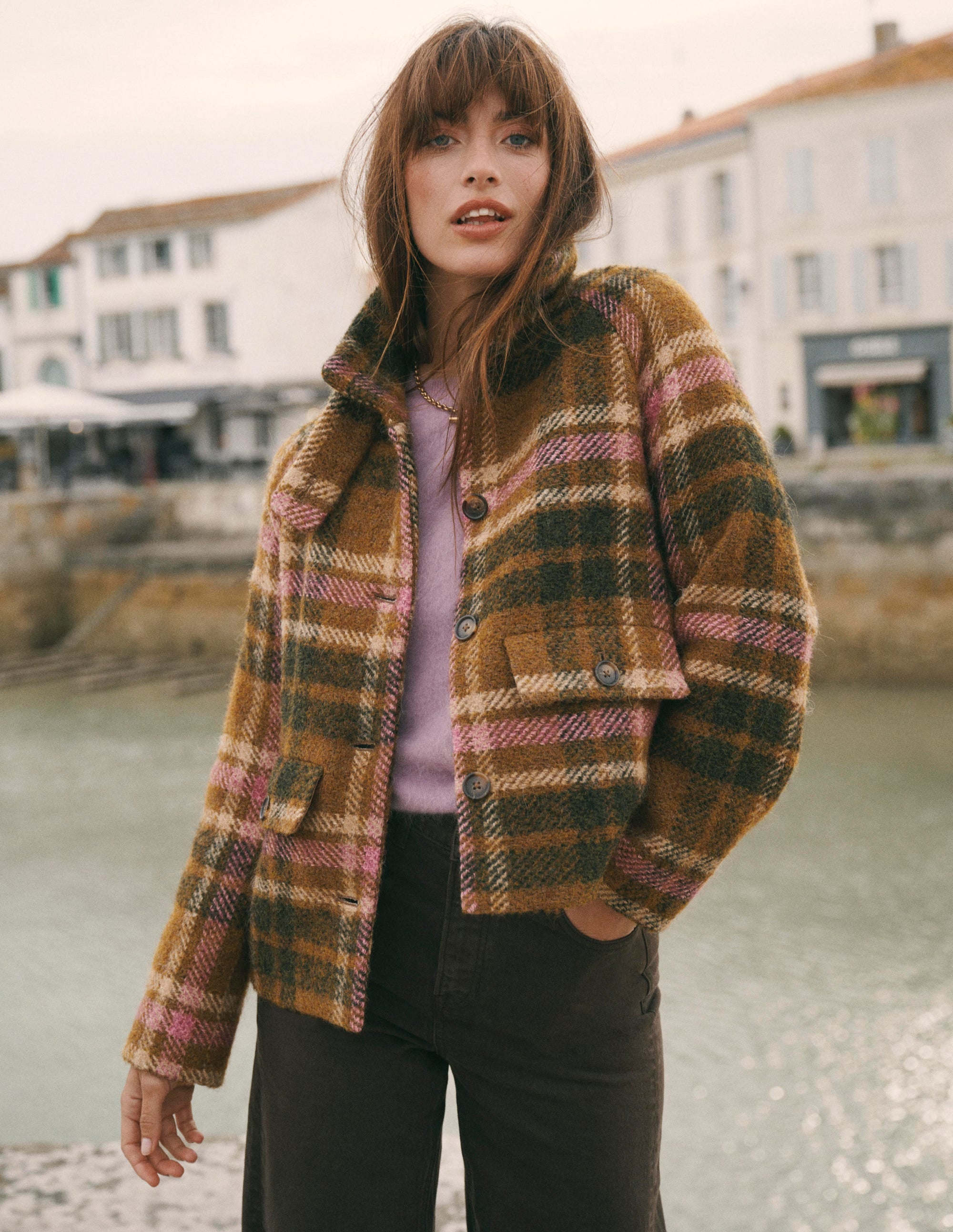 Short Funnel Neck Wool Coat-Green and Pink Check - Image 1