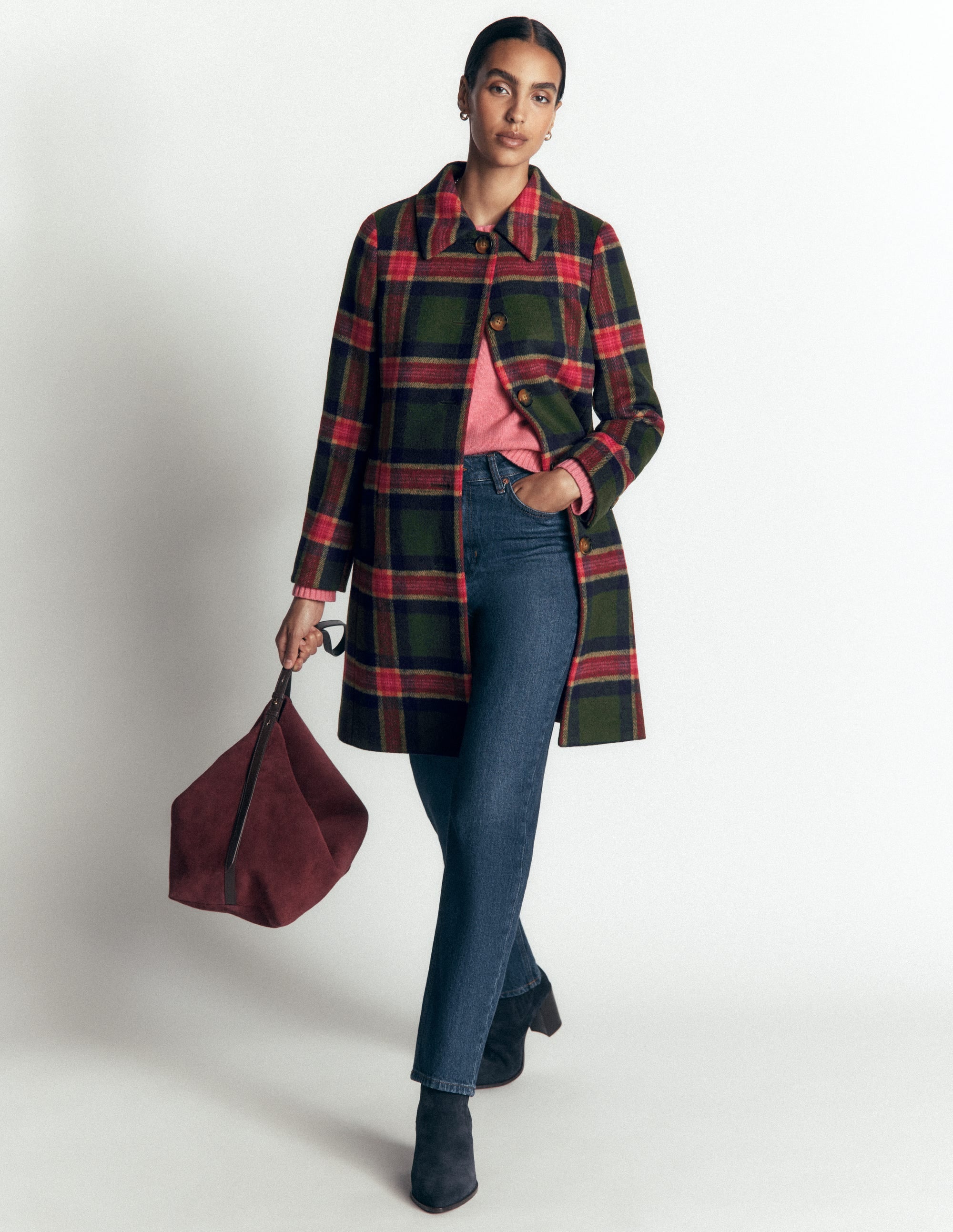 Aylesford Wool Coat-Olive, Navy and Red Check - Image 2