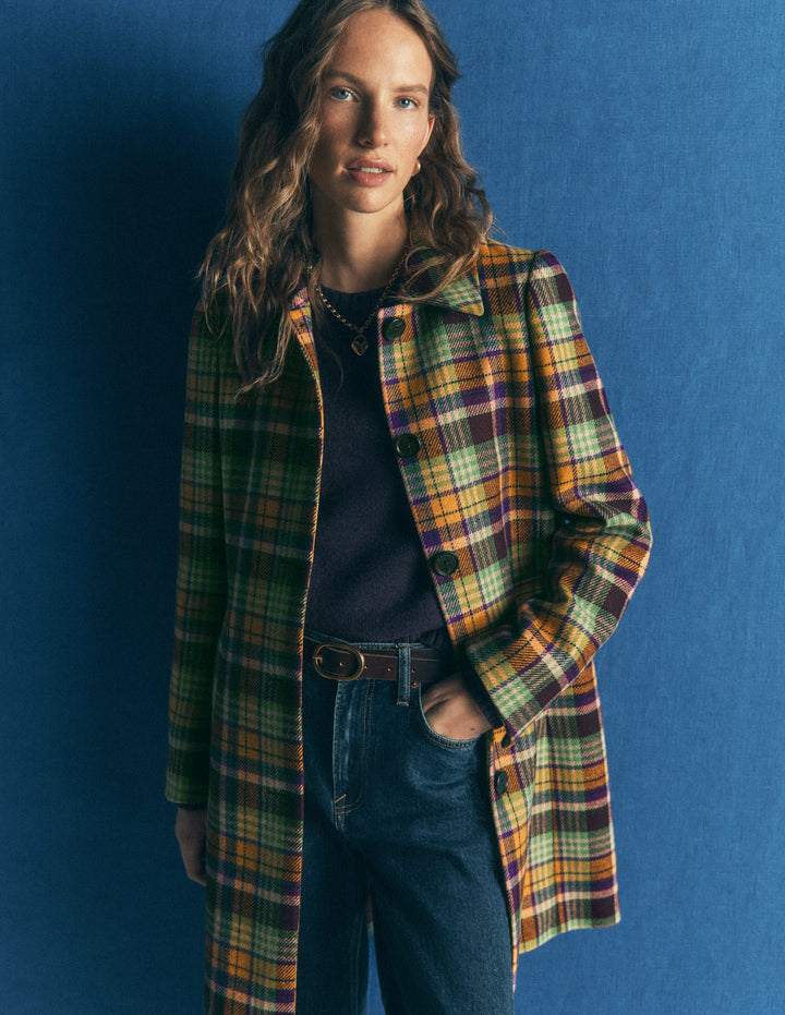 Aylesford Wool Coat-Yellow, Maroon Multi Check