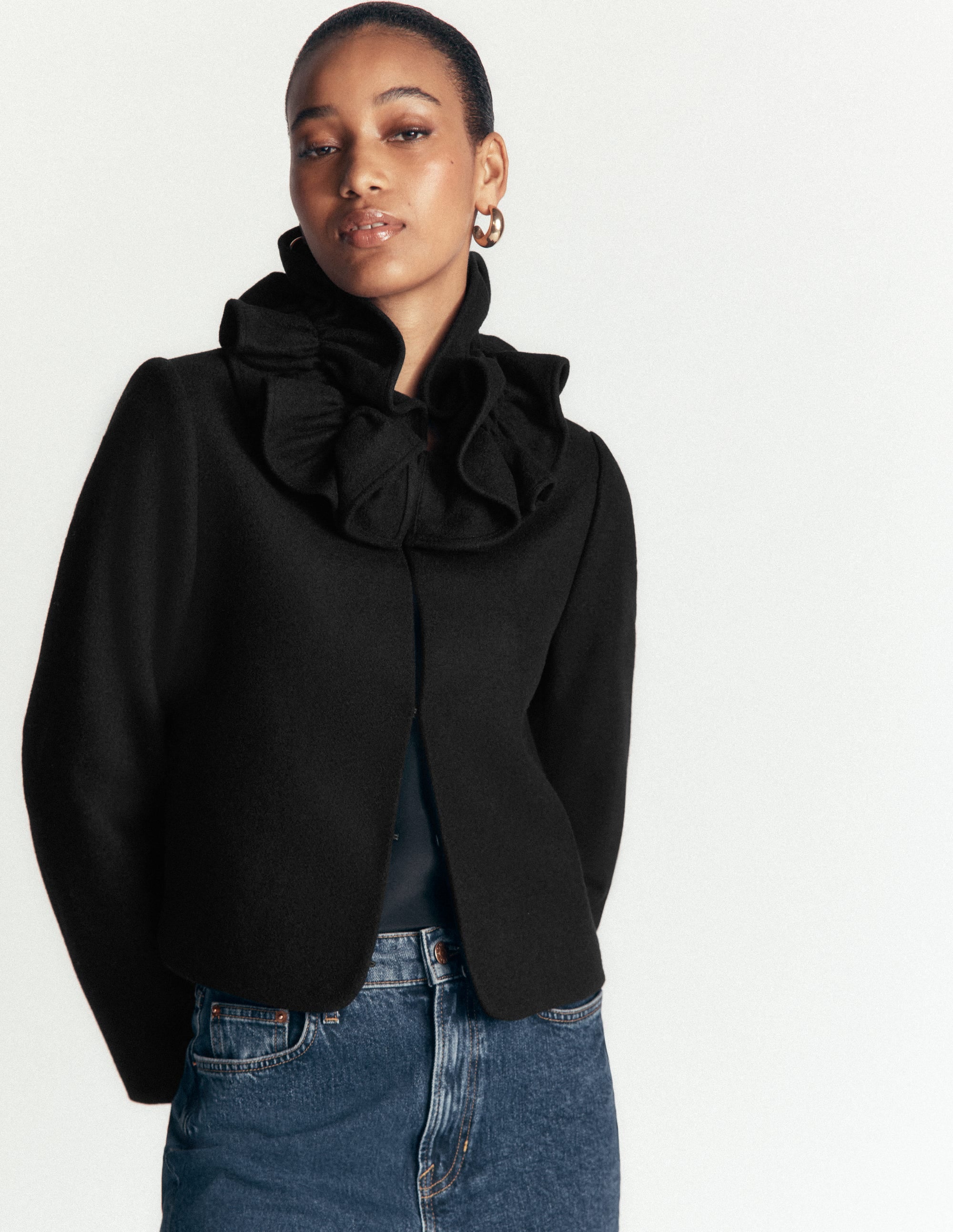 Ruffle Neck Wool Jacket-Black - Image 2