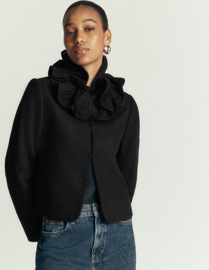 Ruffle Neck Wool Jacket-Black