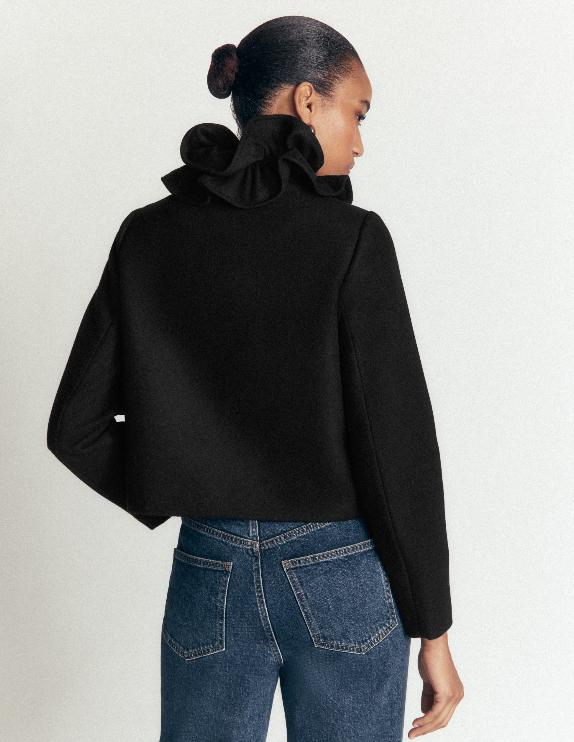 Ruffle Neck Wool Jacket-Black-4