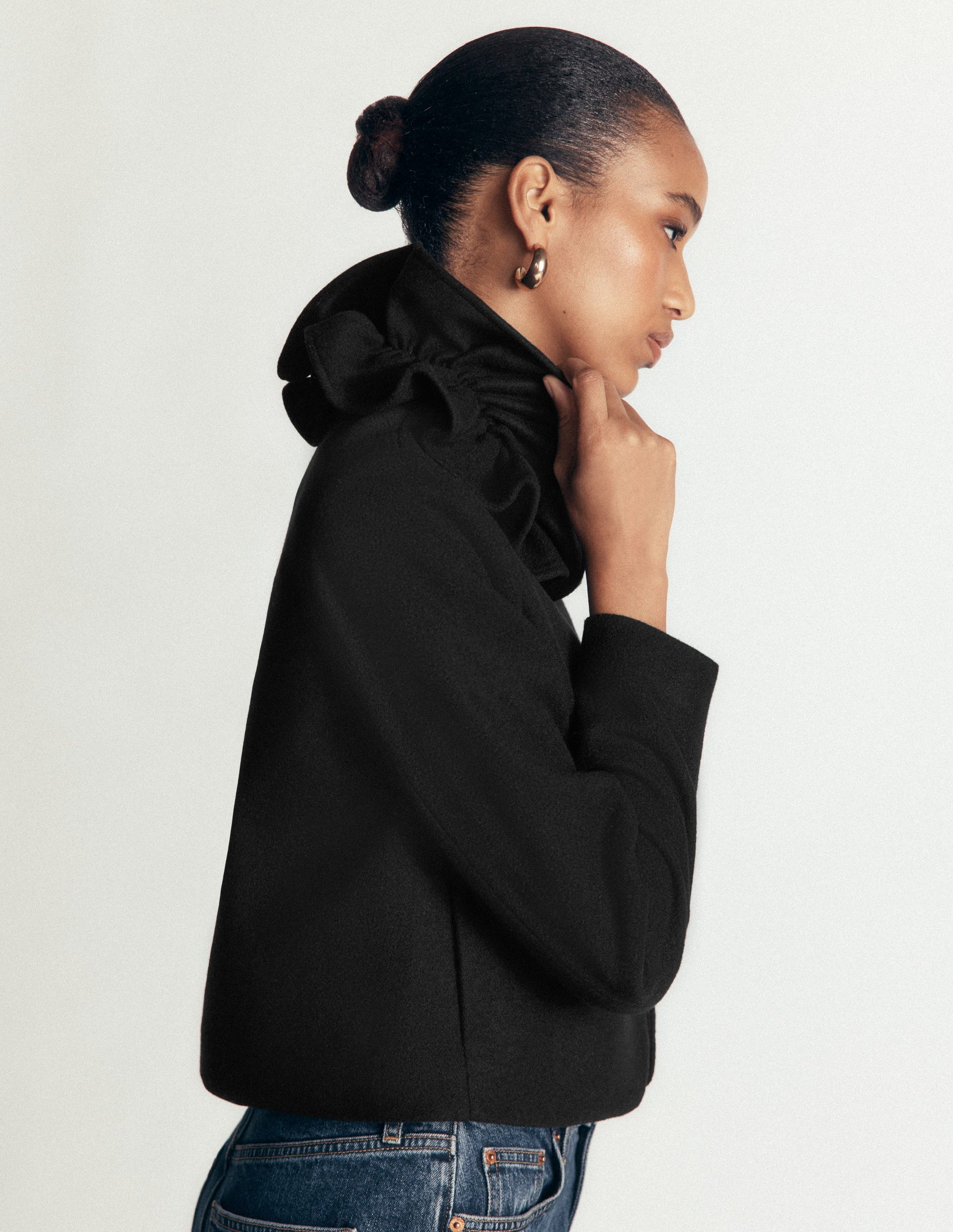 Ruffle Neck Wool Jacket-Black-6