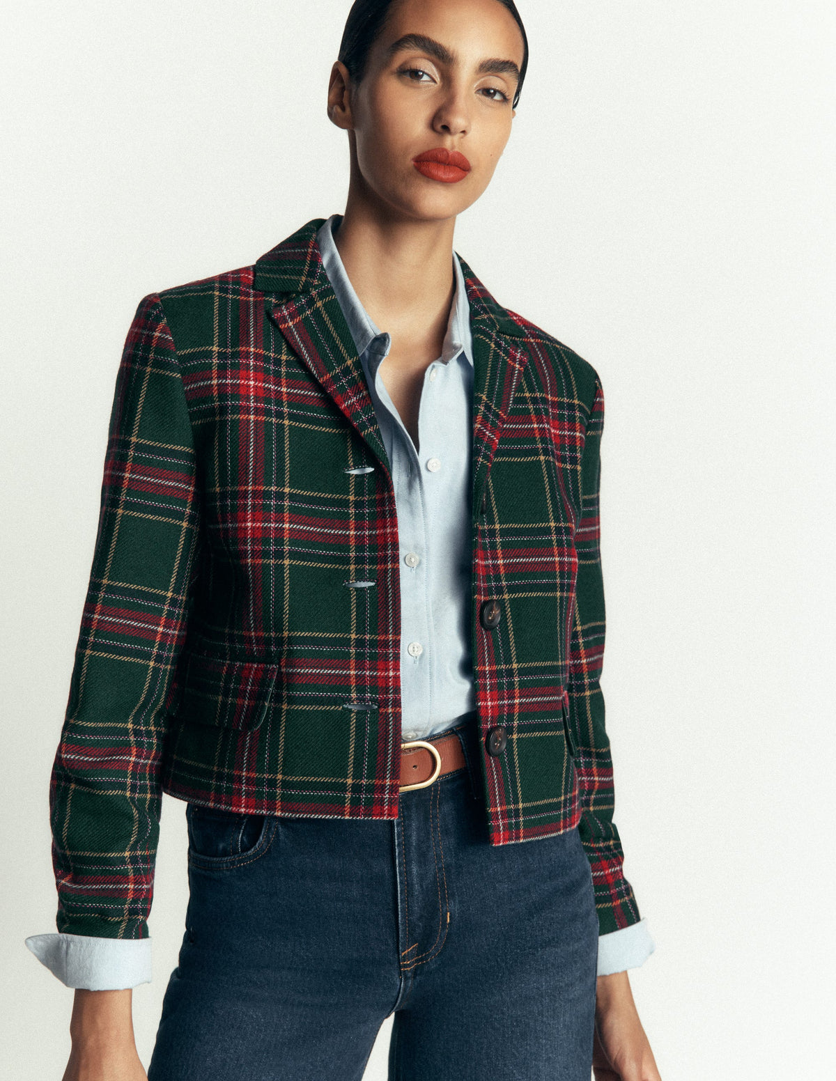 Dartmouth Wool Blend Blazer-Green, Navy and Red Check - Image 1