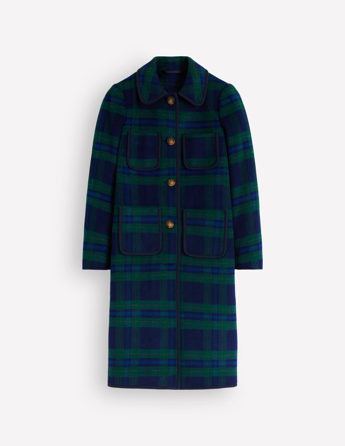 Patch Pocket Wool Blend Coat-Navy, Green and Blue Check - Image 7