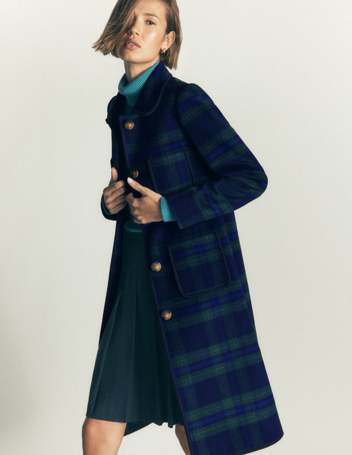 Patch Pocket Wool Blend Coat-Navy, Green and Blue Check-3
