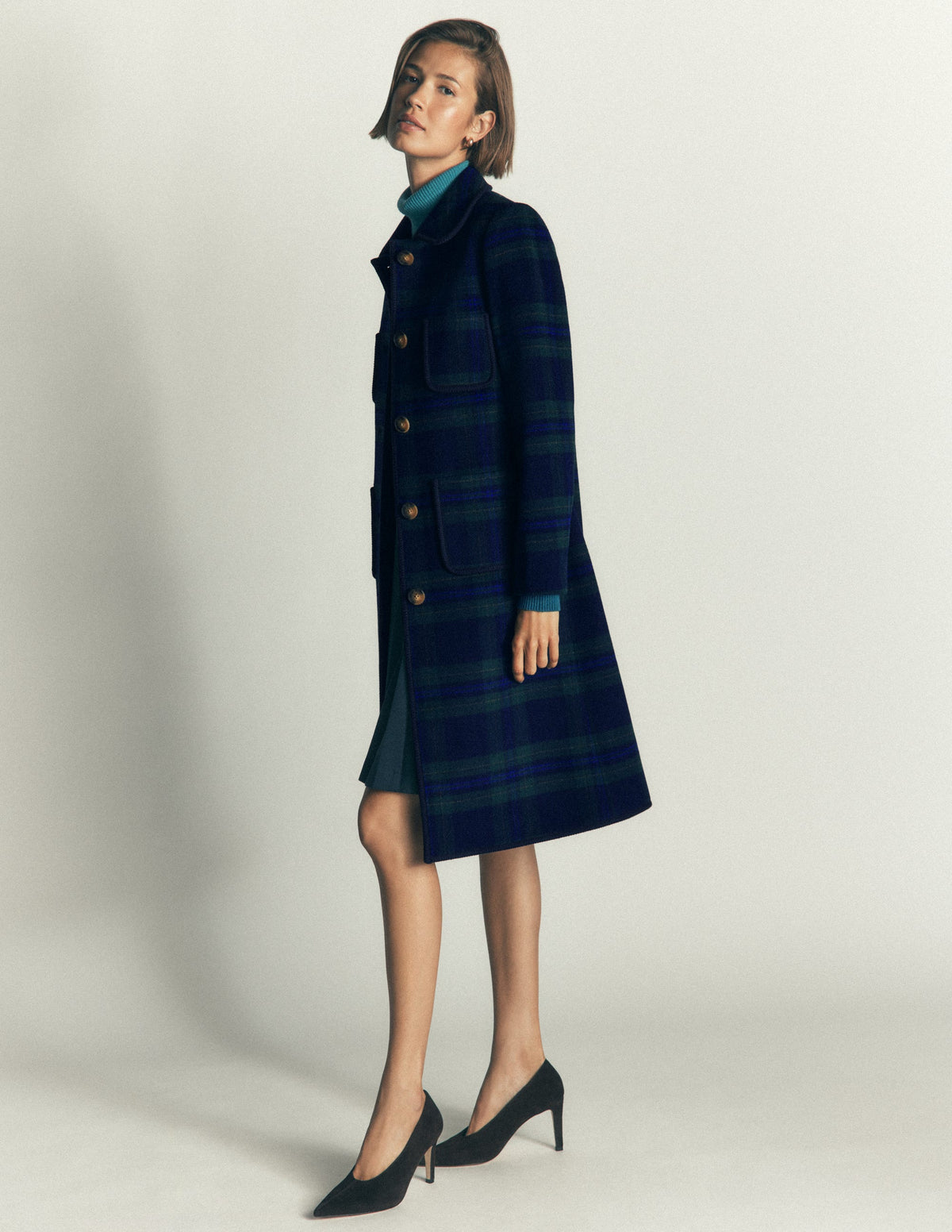 Patch Pocket Wool Blend Coat-Navy, Green and Blue Check - Image 5