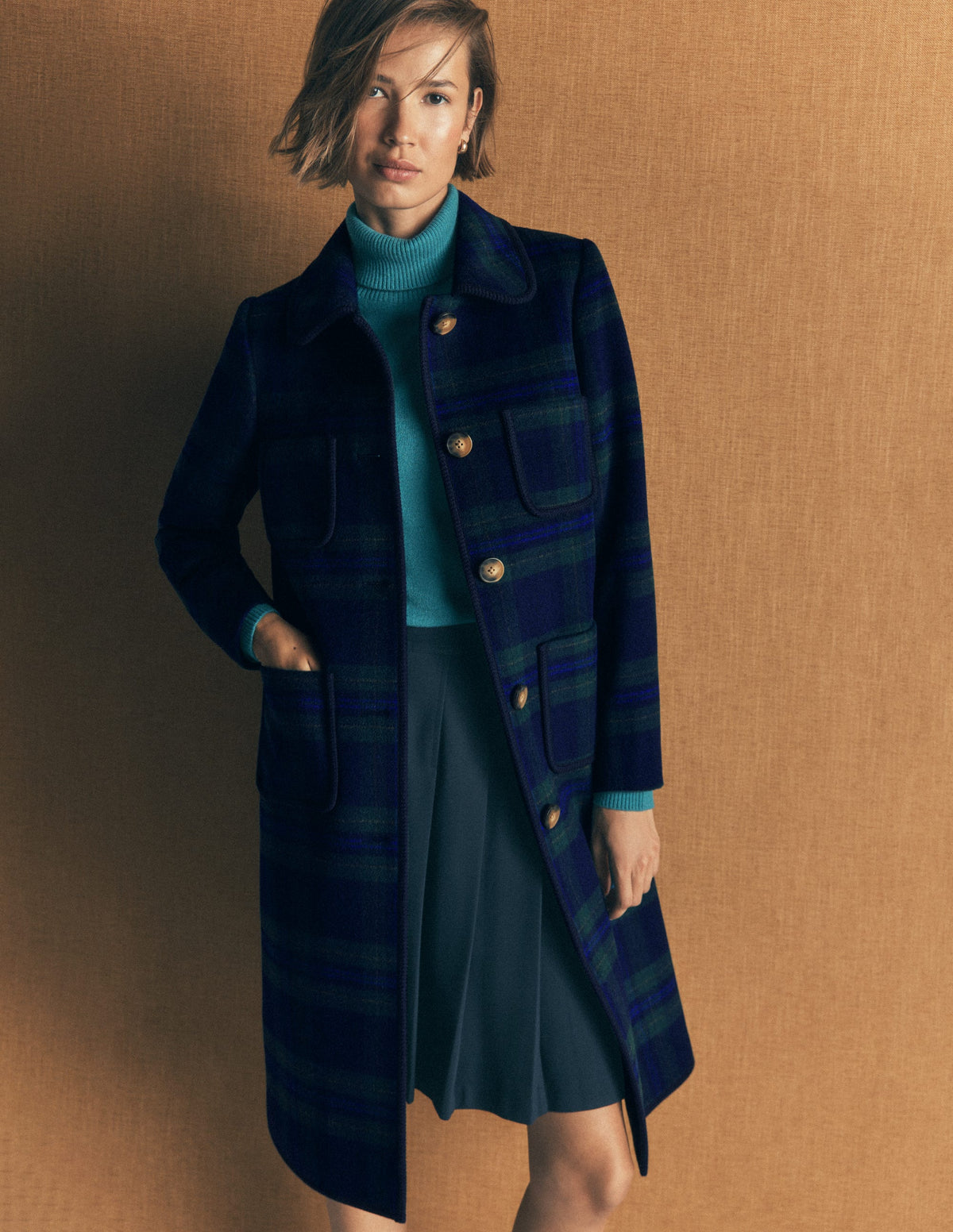 Patch Pocket Wool Blend Coat-Navy, Green and Blue Check - Image 6