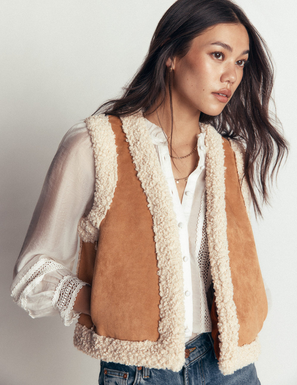 Borg Trim Cotton Vest-Sand-3