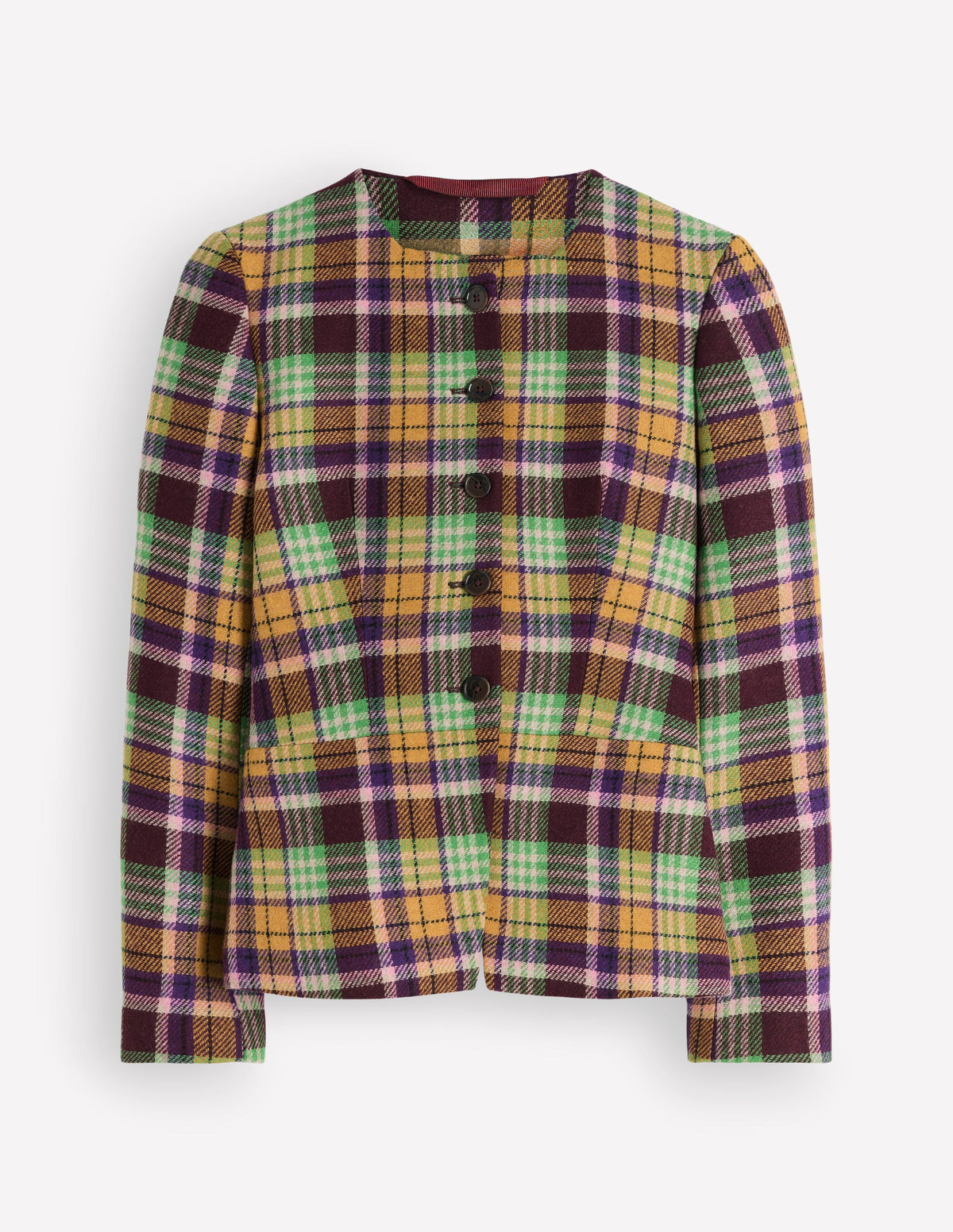 Collarless Wool Blend Blazer-Yellow, Maroon Multi Check-5
