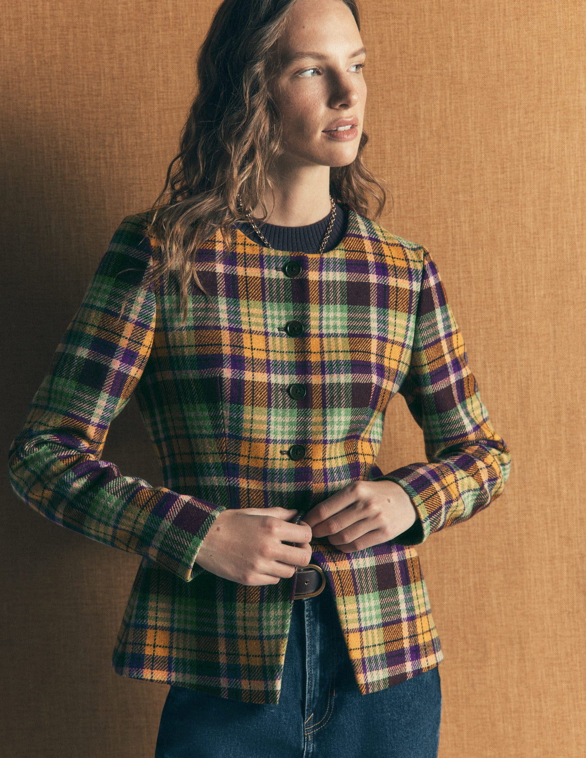 Collarless Wool Blend Blazer-Yellow, Maroon Multi Check - Image 1