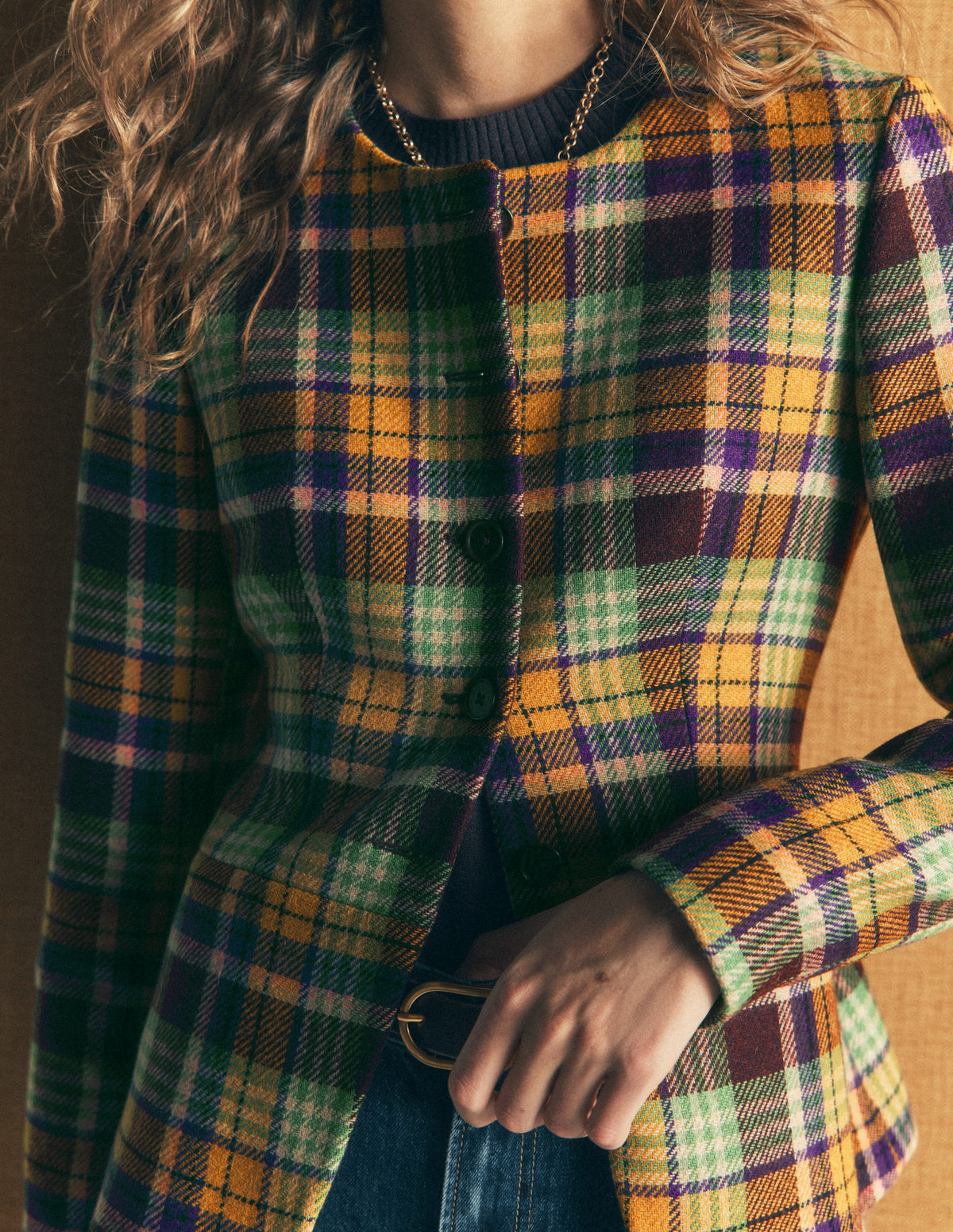 Collarless Wool Blend Blazer-Yellow, Maroon Multi Check - Image 2