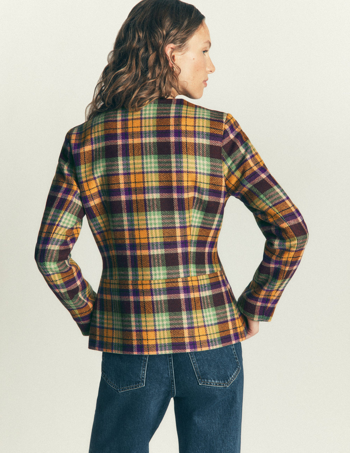 Collarless Wool Blend Blazer-Yellow, Maroon Multi Check-3