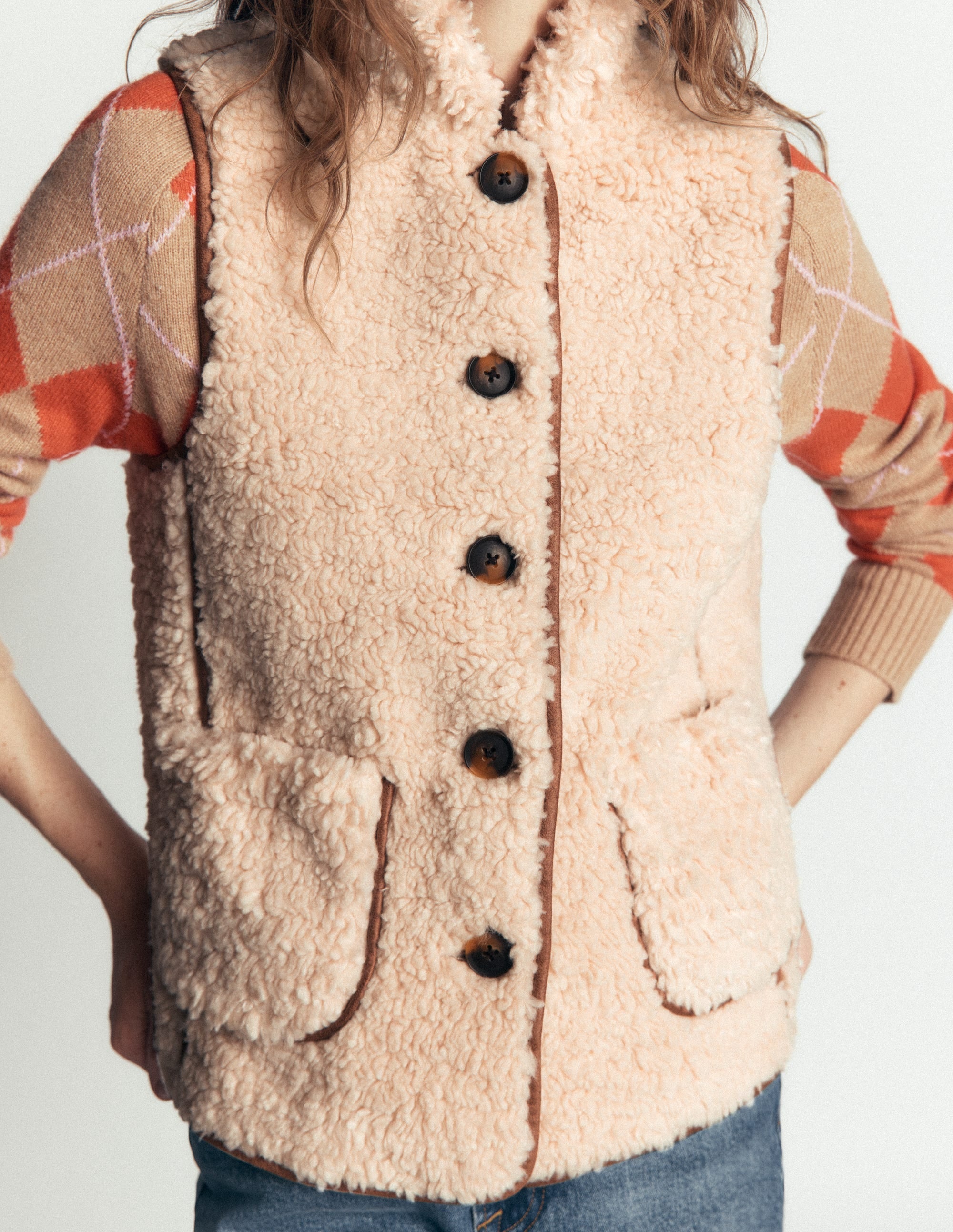 Funnel Neck Borg Gilet-Natural Borg - Image 2