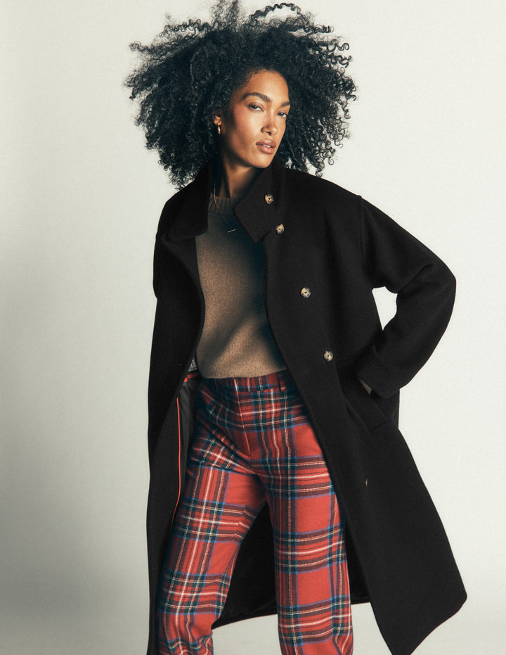 Funnel Neck Longline Wool Coat-Black