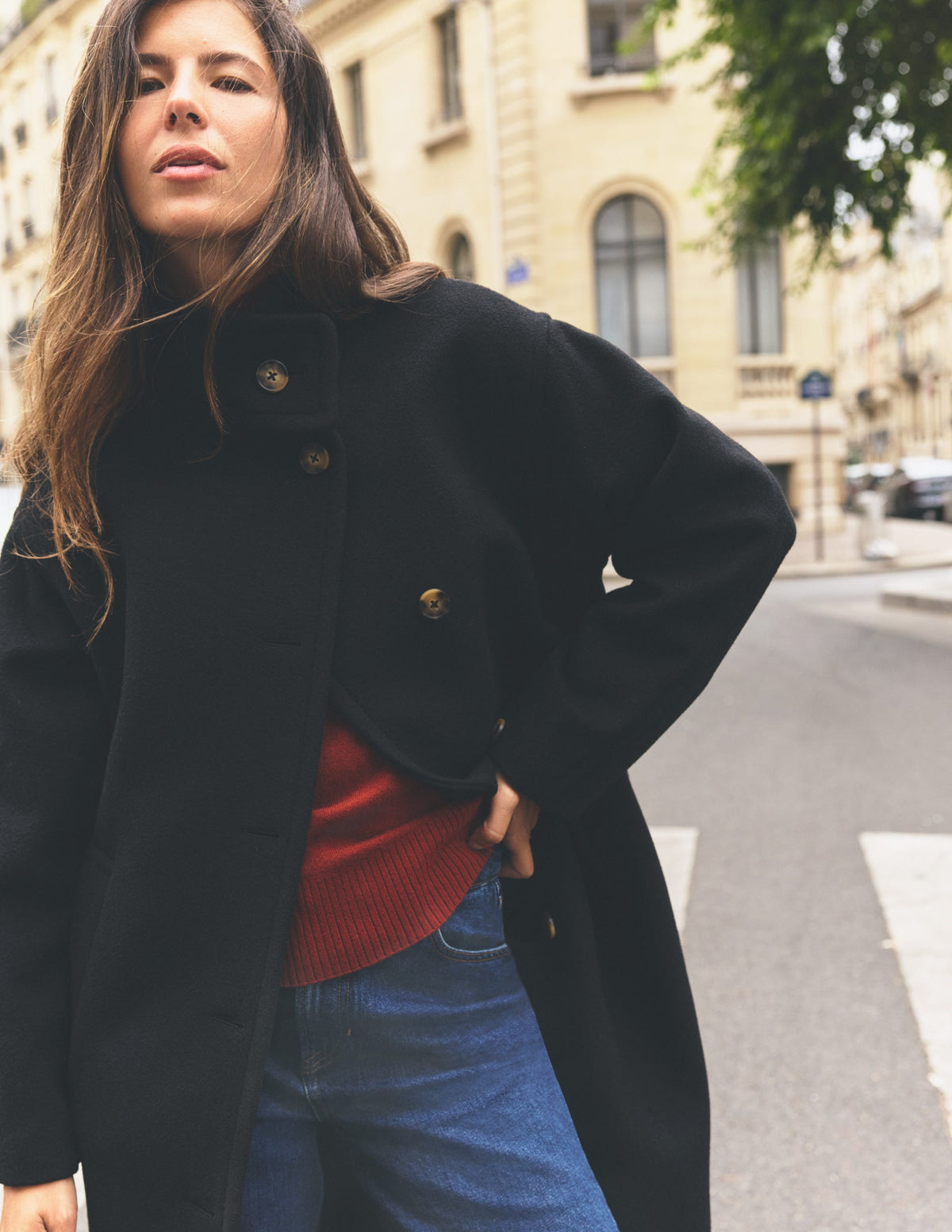 Funnel Neck Longline Wool Coat-Black - Image 7