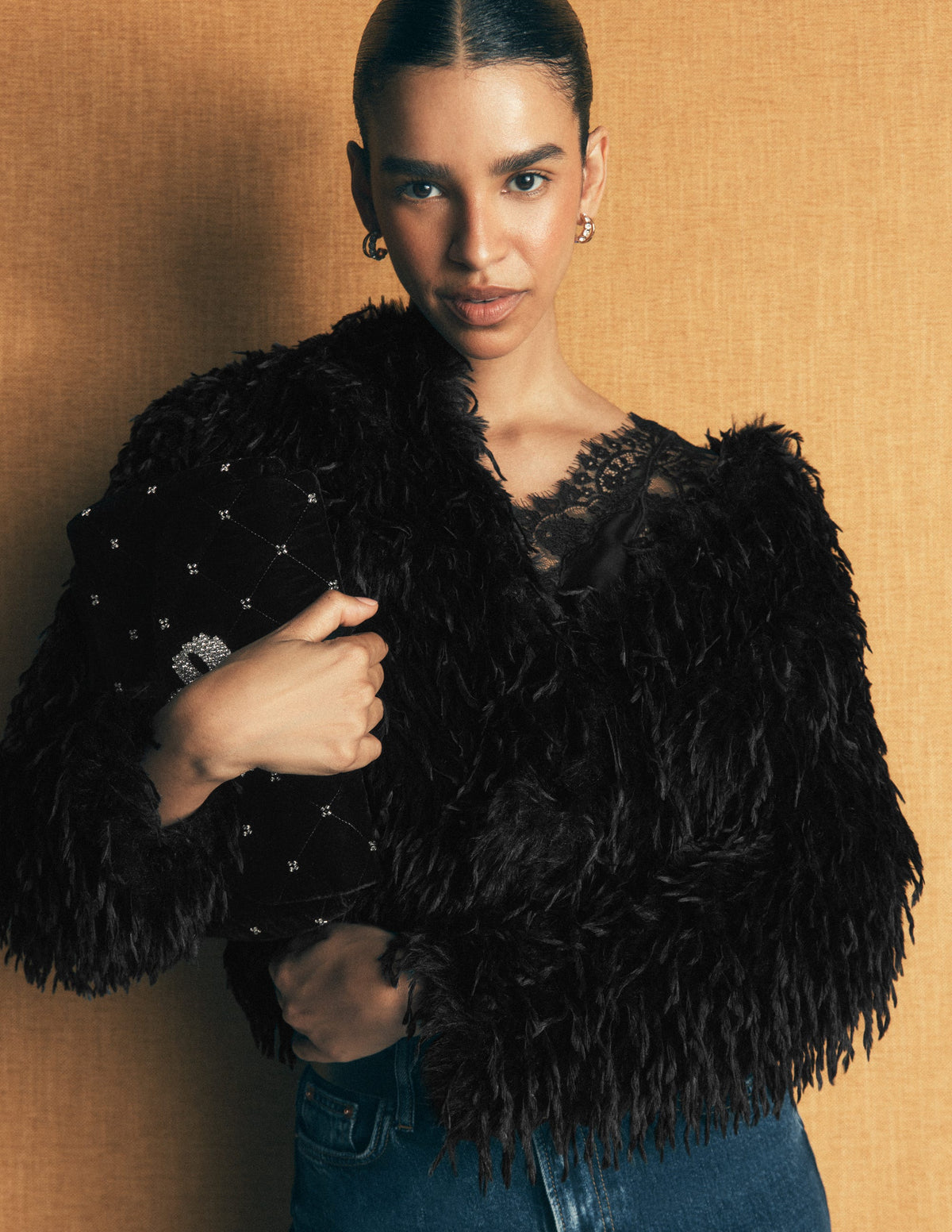 Faux Feather Tassle Jacket-Black - Image 1