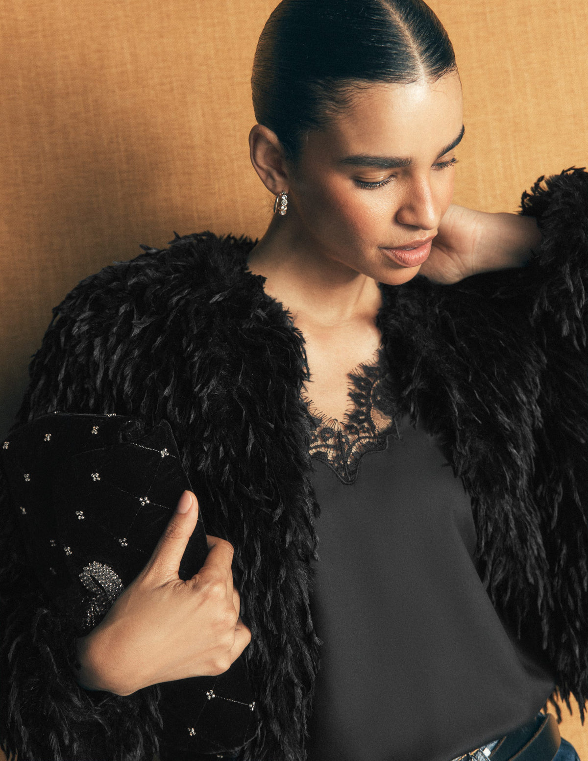 Faux Feather Tassle Jacket-Black - Image 2