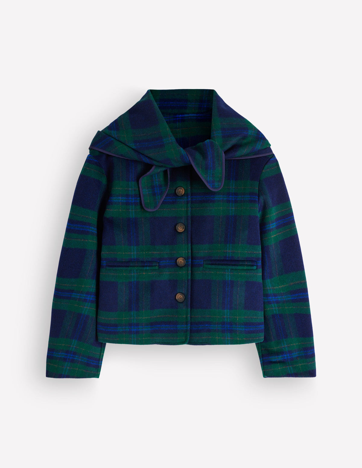 Scarf Neck Jacket-Navy, Green, Blue Tonal Check - Image 6