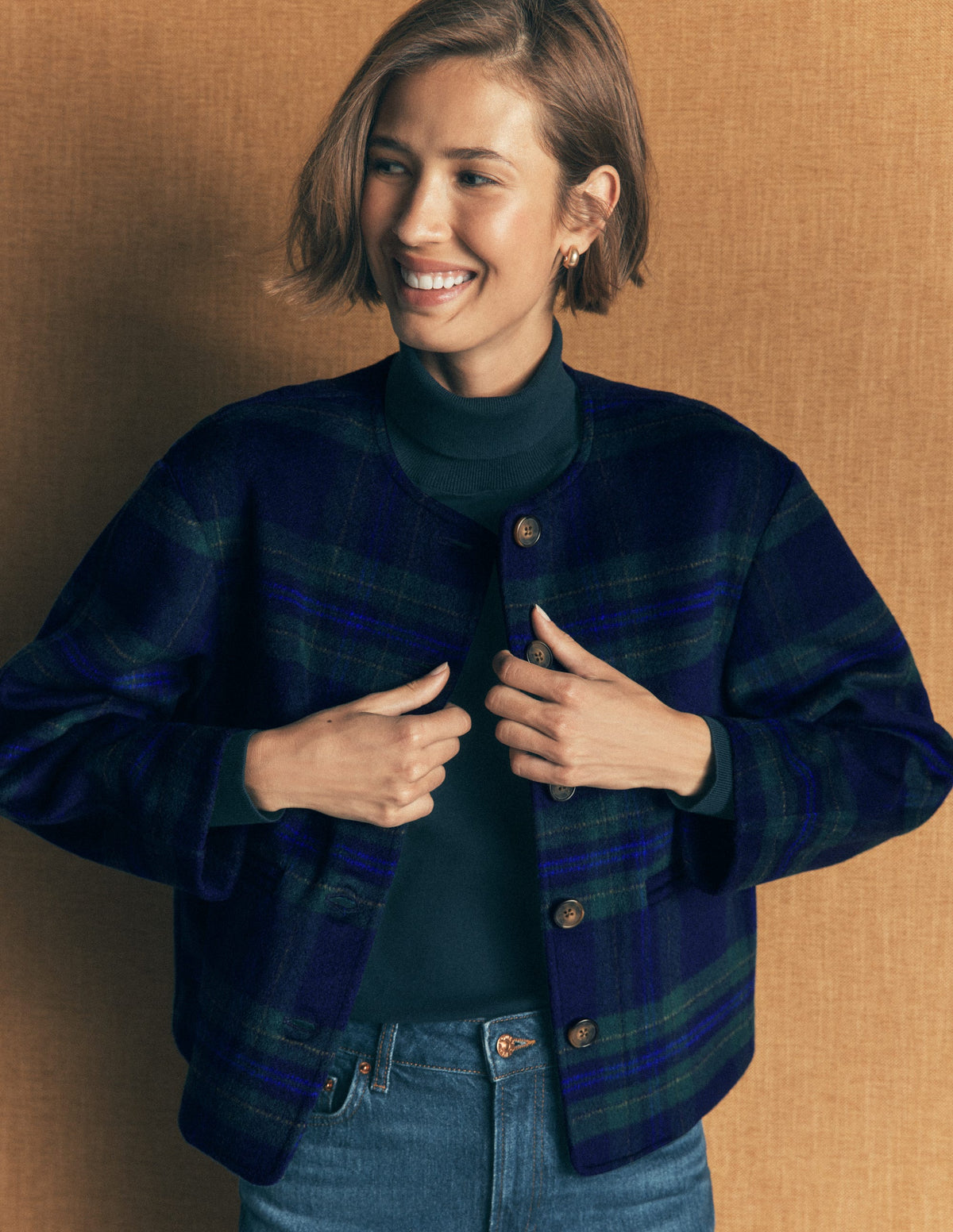 Scarf Neck Jacket-Navy, Green, Blue Tonal Check-2