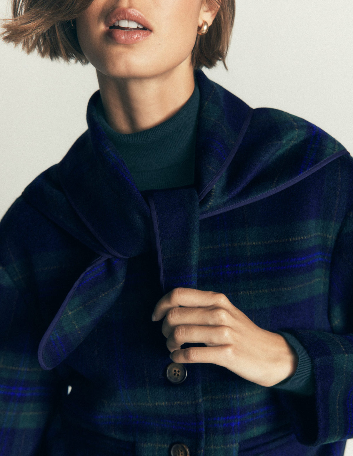 Scarf Neck Jacket-Navy, Green, Blue Tonal Check - Image 3