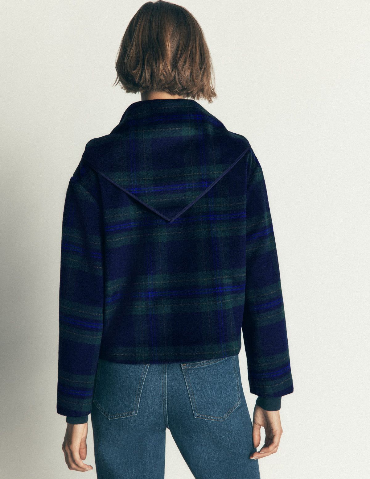 Scarf Neck Jacket-Navy, Green, Blue Tonal Check - Image 4