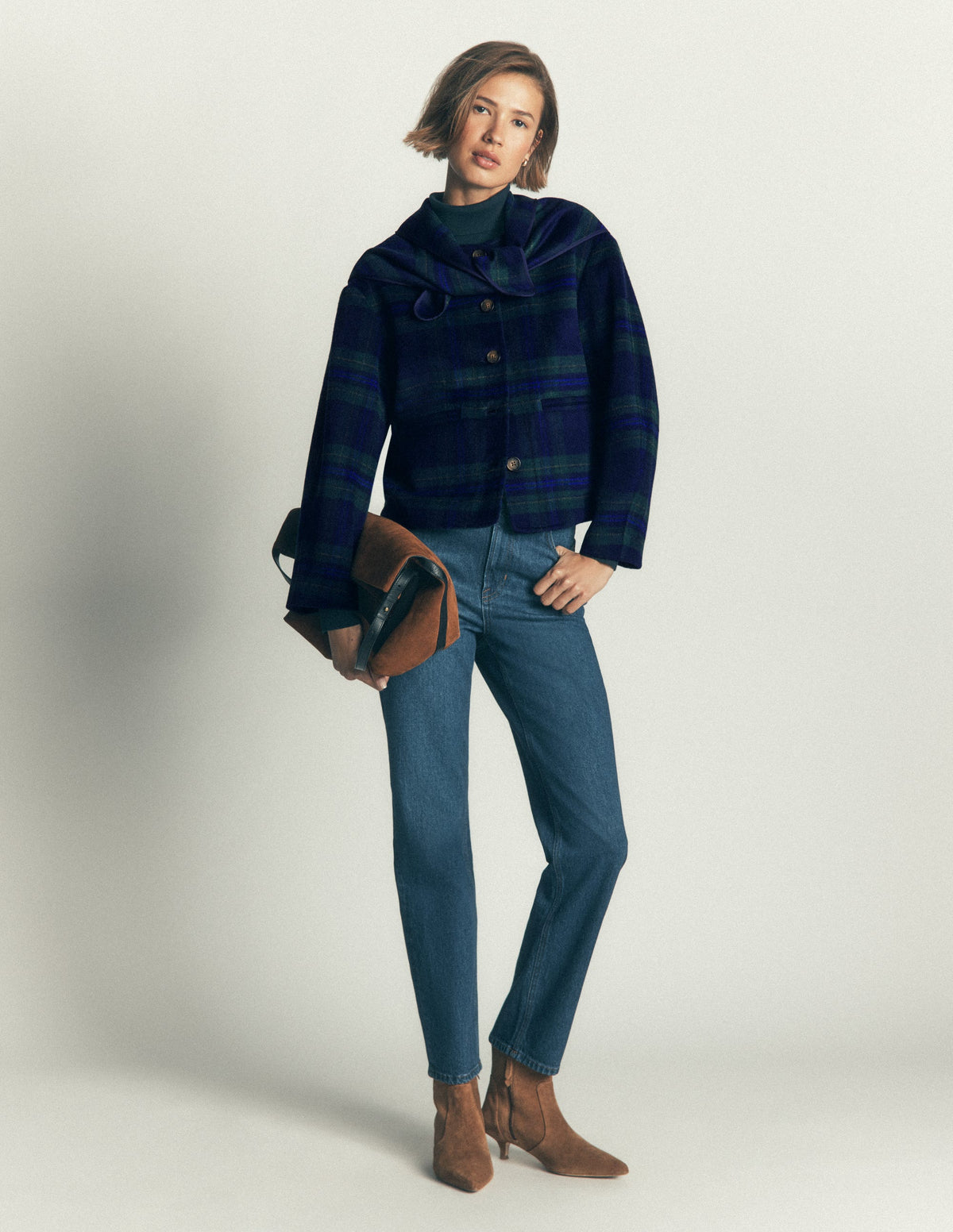 Scarf Neck Jacket-Navy, Green, Blue Tonal Check-5