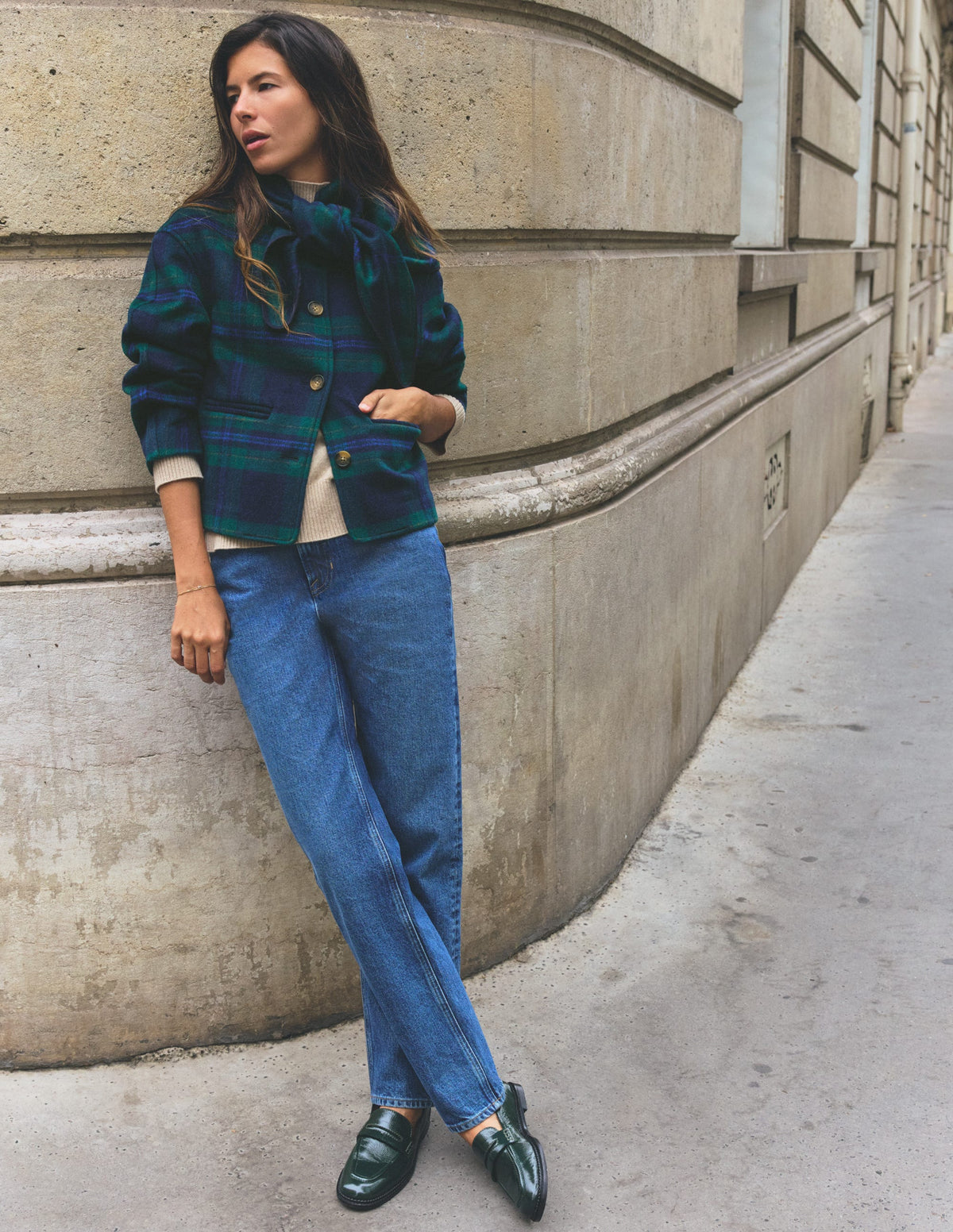Scarf Neck Jacket-Navy, Green, Blue Tonal Check - Image 1