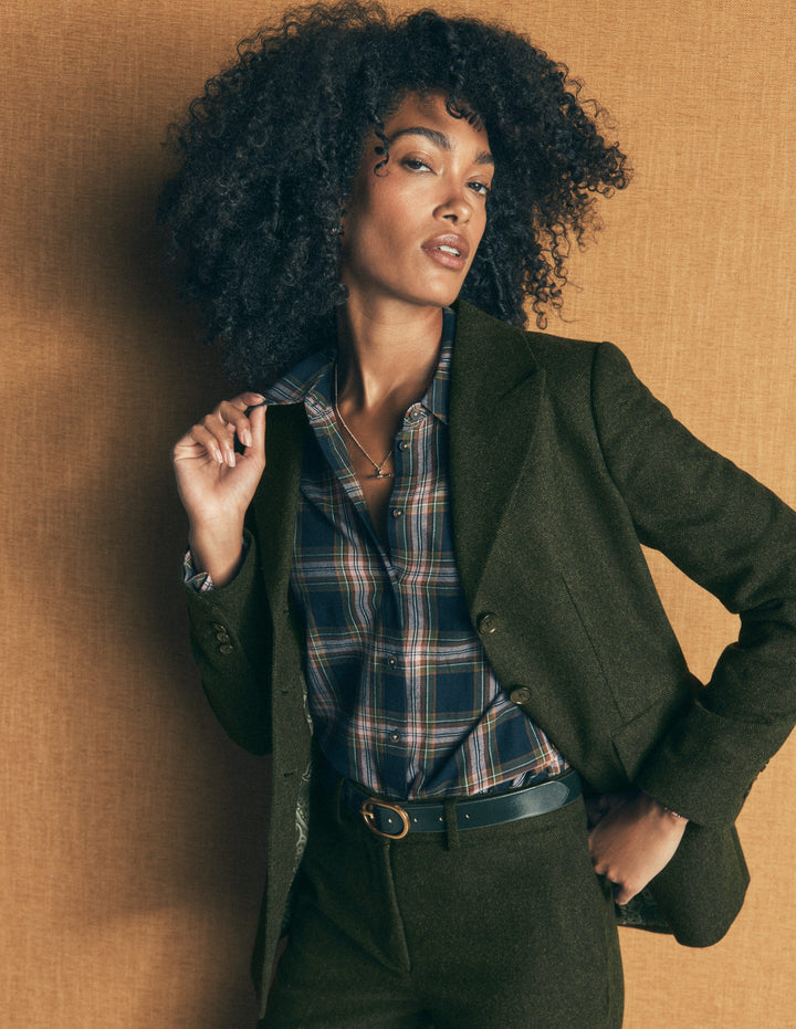 Longline Wool Button Blazer-Dark Green Herringbone