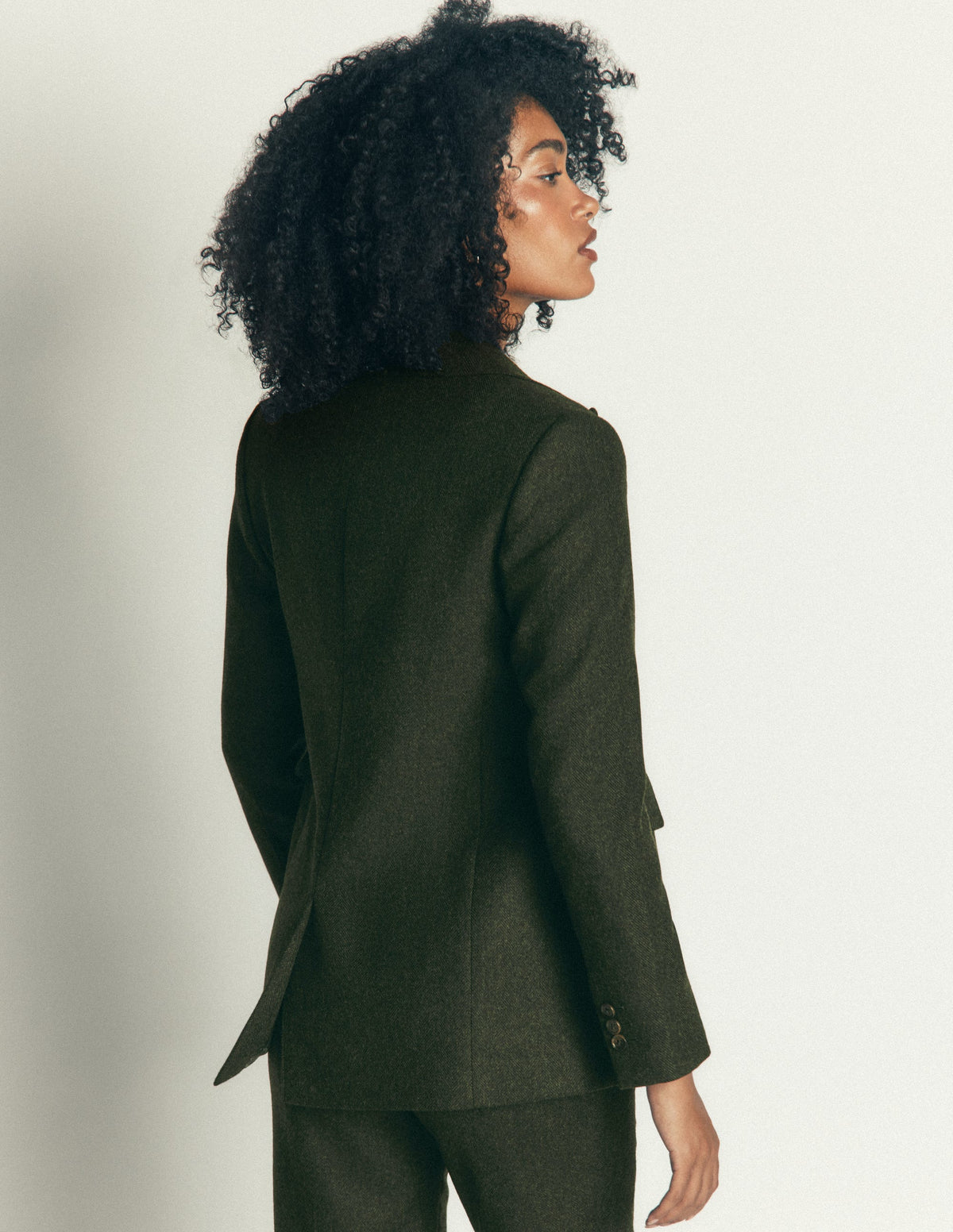 Longline Wool Button Blazer-Dark Green Herringbone-4