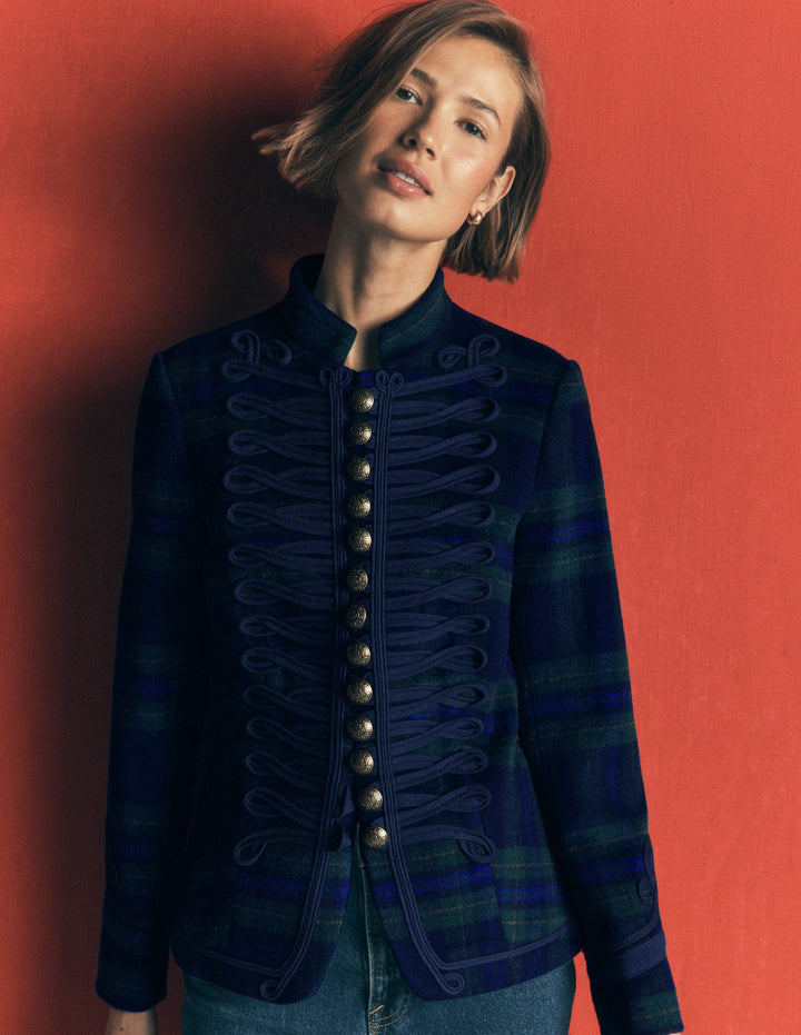 Hereford Military Wool Jacket-Navy, Green, Blue Tonal Check