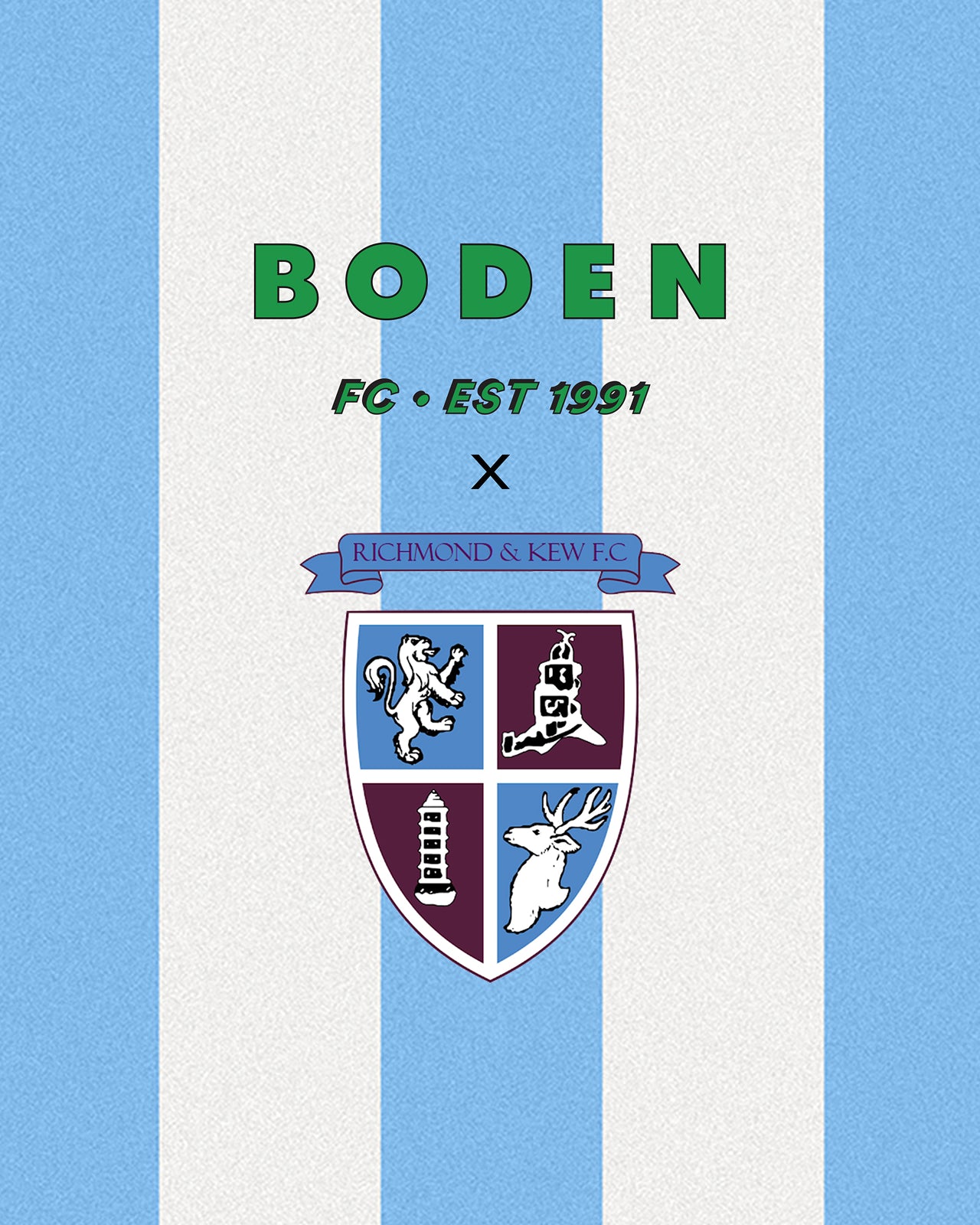 Boden FC logo with a crest on a blue and white striped background