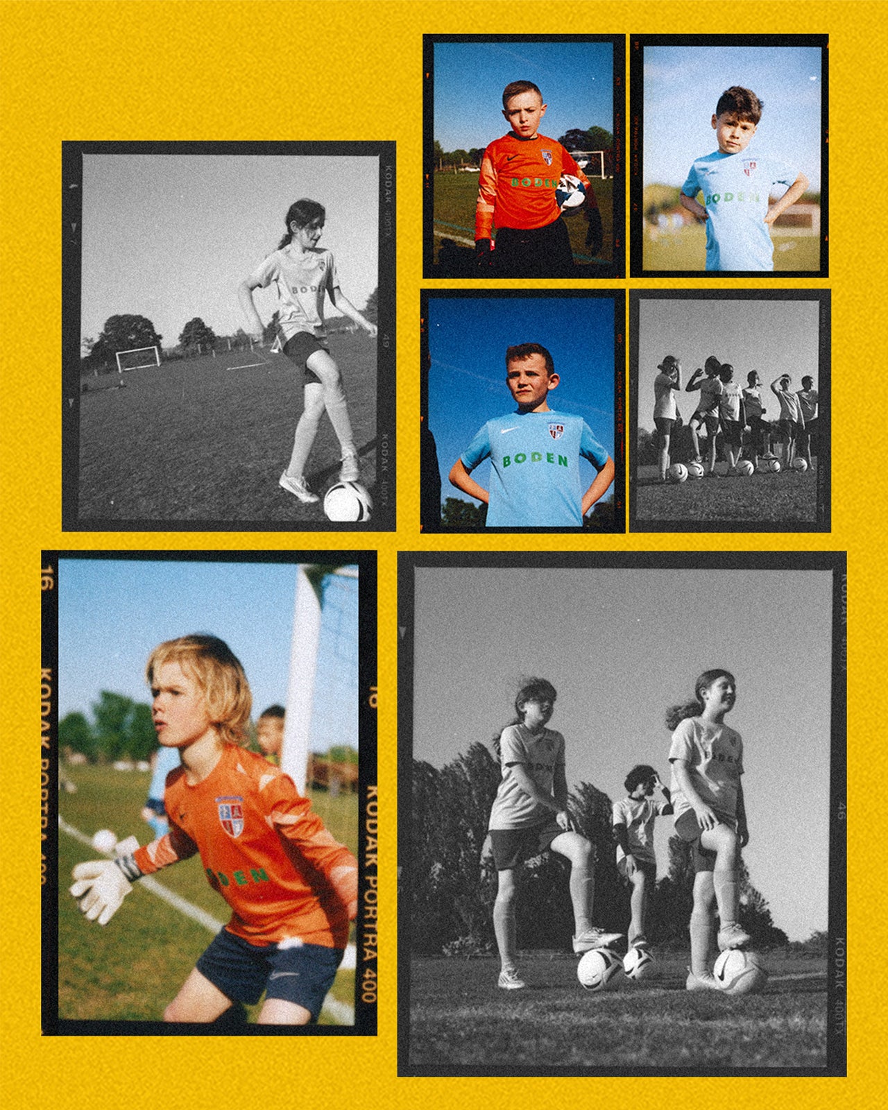Collage of children playing soccer with a yellow border