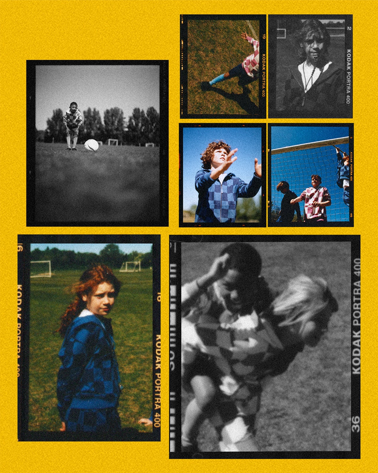 Collage of black and white and color photos of people playing soccer on a yellow background.