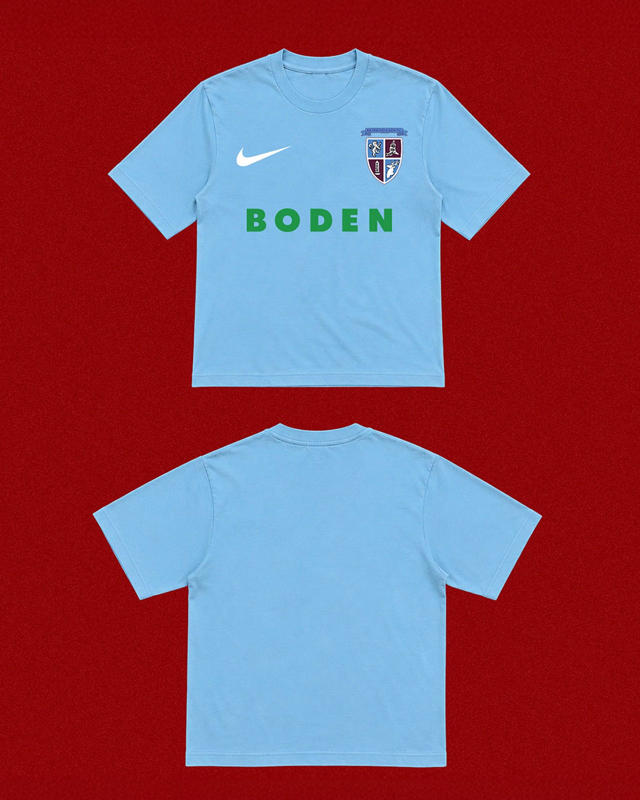 Light blue t-shirt with Nike logo and 'Boden' branding on a red background