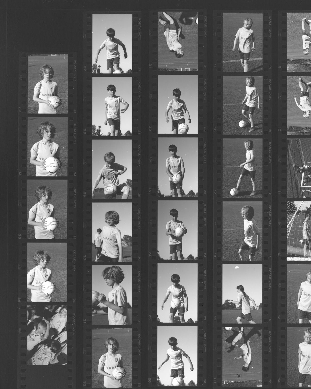 Contact sheet of black and white photos showing a child playing with a ball.
